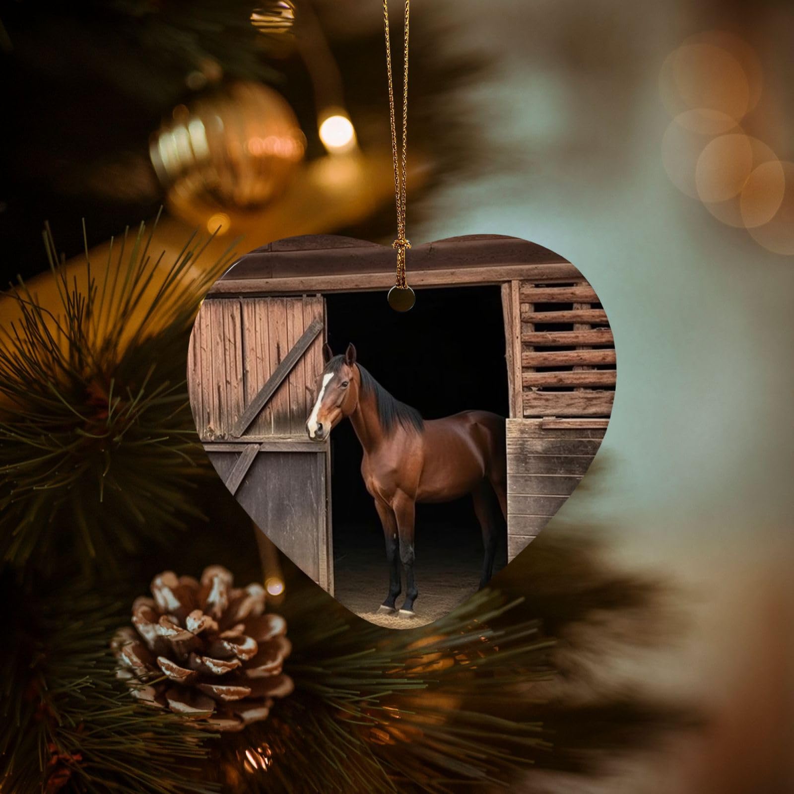 Christmas Ornaments for Christmas Tree Decoration Hanging Barn Horse Ornament with Gold Ribbon Crafts Heart Shape Ceramic Pendant for Keepsake Gifts Xmas Decor Party Supplies