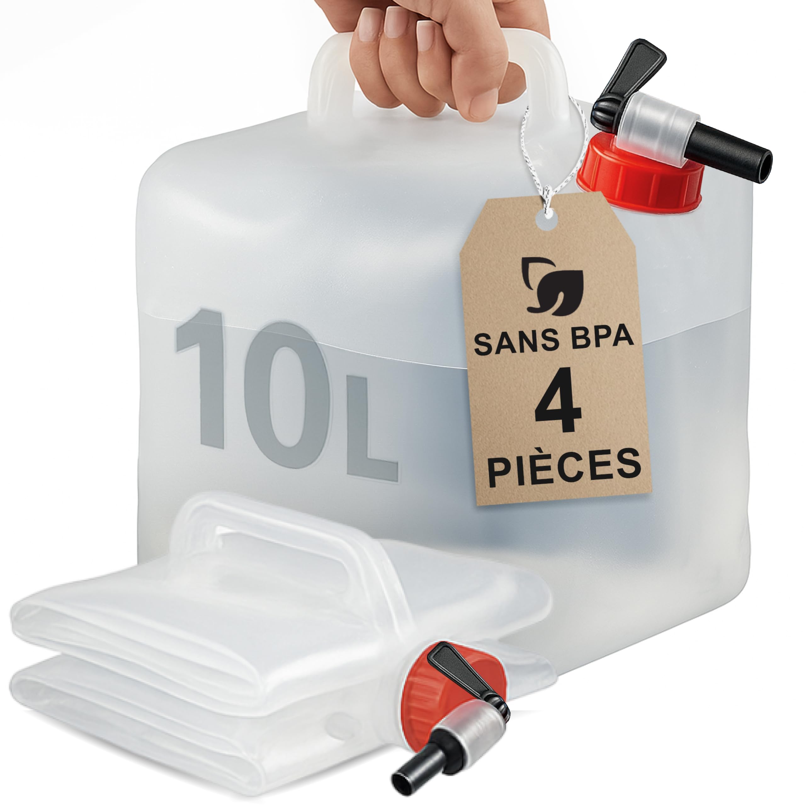 Lot de 4 bidons d'eau pliables de 10 l avec robinet, sans BPA et adaptés à un usage alimentaire, pour l'extérieur, le camping, l'eau potable, 10 l, 10 l