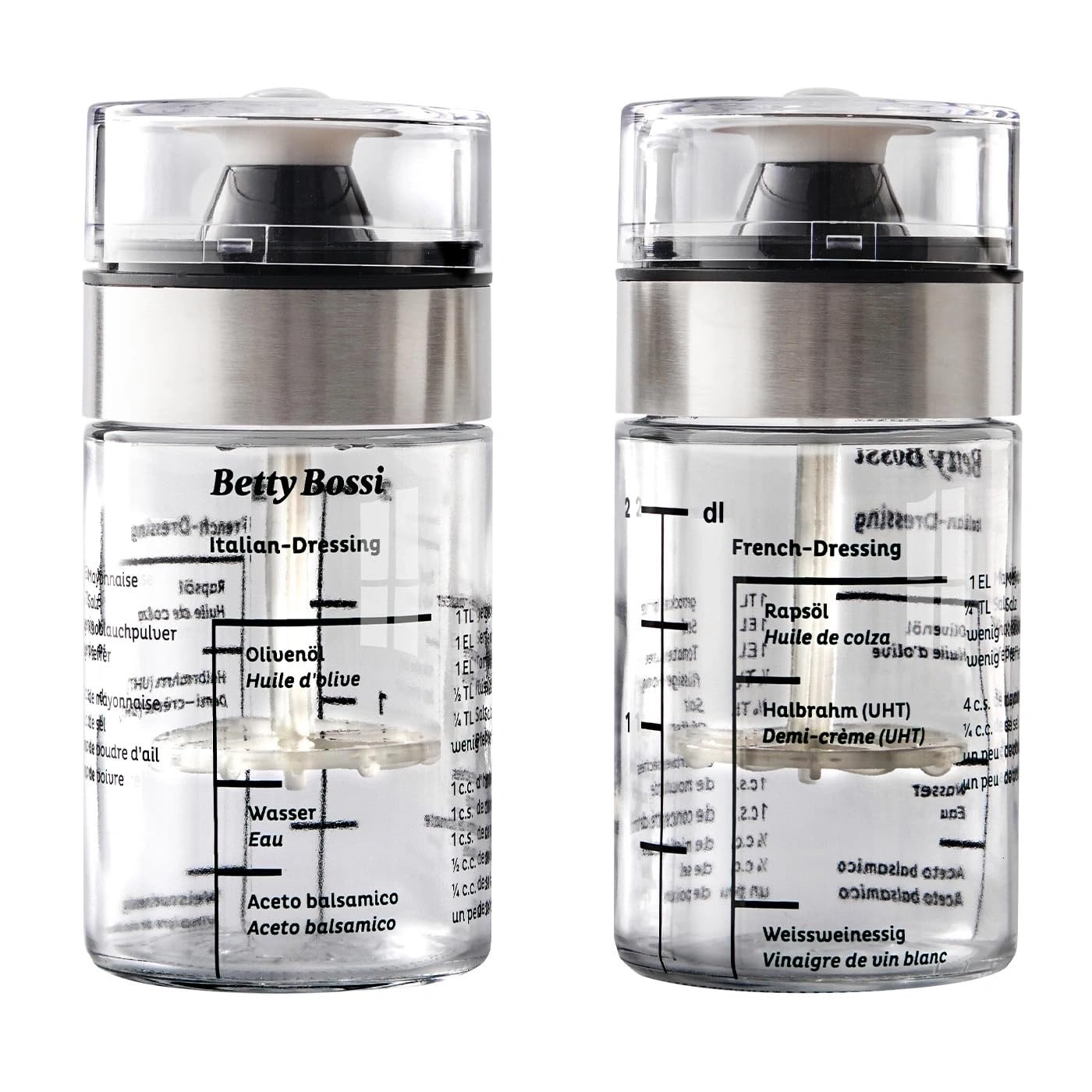 Betty Bossi - Dressing-Shaker - 2er Set 0,25 Liter - Schnell und Einfach Selbermachen - 2 aufgedruckte Rezepte für italienische und französische Salatsauce - Glas Edelstahl Kunststoff Silikon