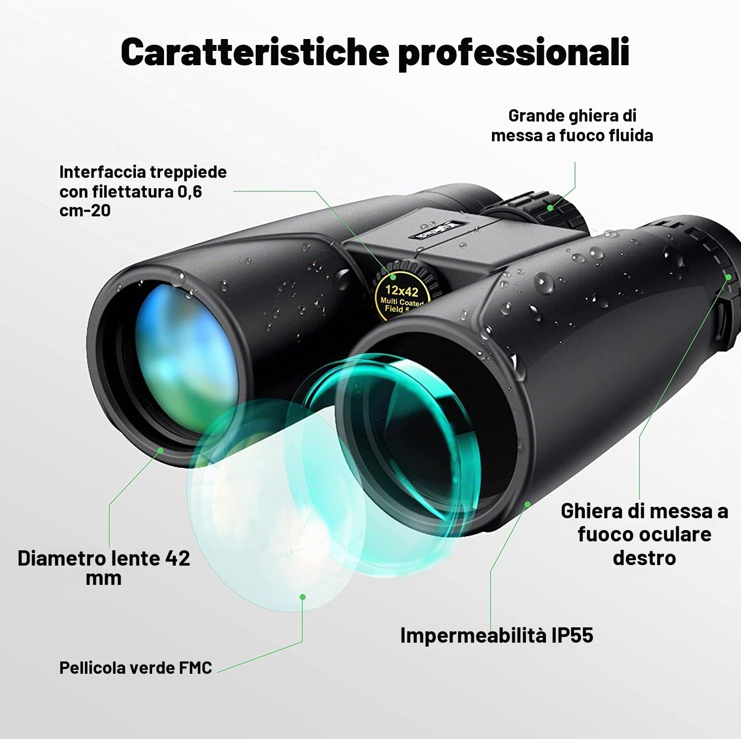 Kylietech Binocolo Professionale Alto Ingrandimento - Prisma BaK-4 e Lente FMC, Impermeabile, Messa a Fuoco Veloce, 12x42 Binocolo con Adattatore Telefonico per Birdwatching, Escursionismo, Caccia