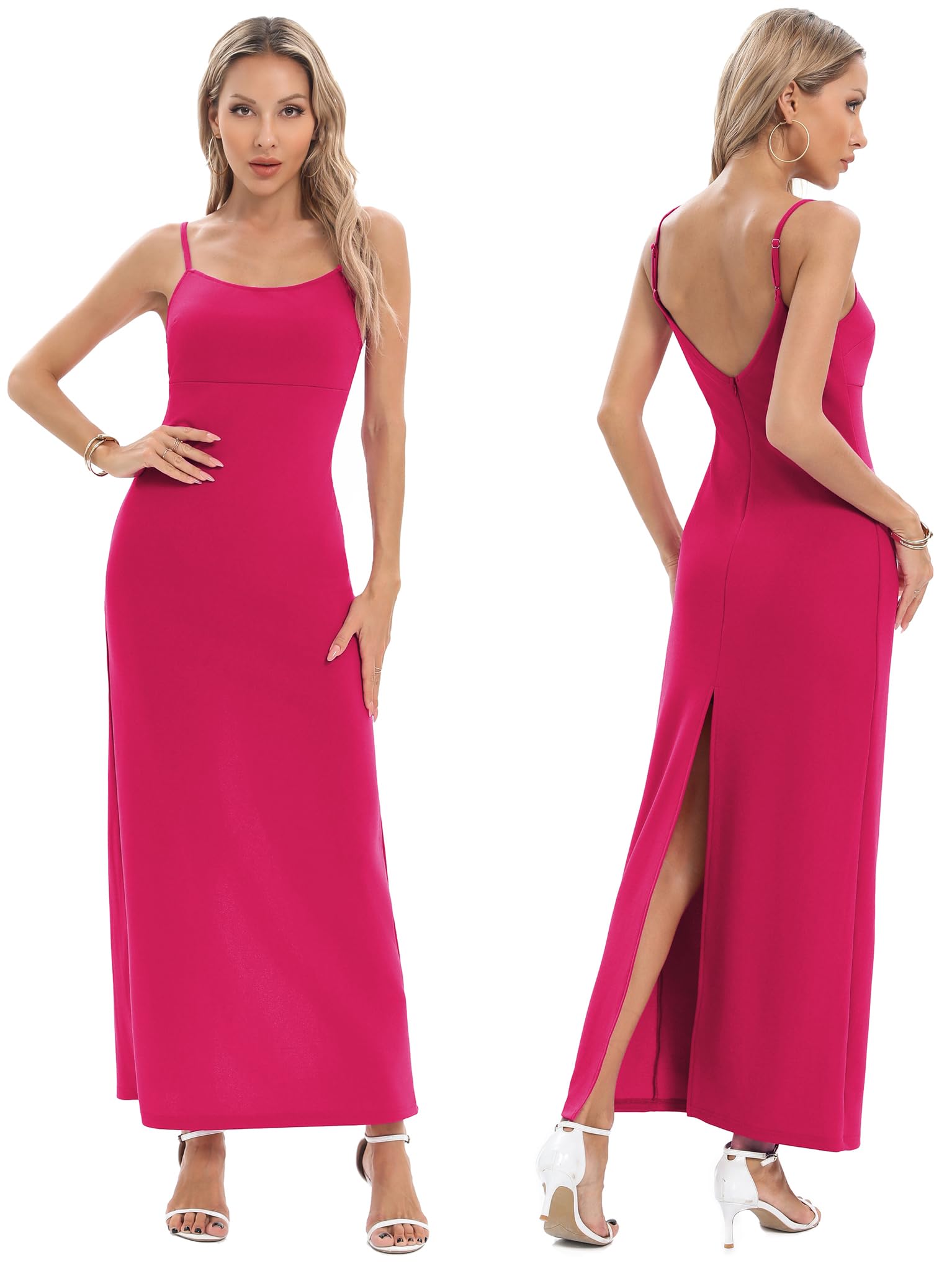 ALENDA DANMOS Women Spaghetti Straps Bodycon Maxi Dress Open Back Slit Cocktail Dress Sleeveless Evening Party Long Dress 332