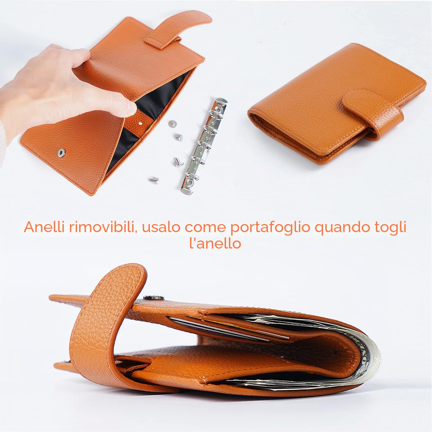 Moterm Agenda ad anelli A8, in vera pelle, colore: nero ghiaia, anello da 15 mm