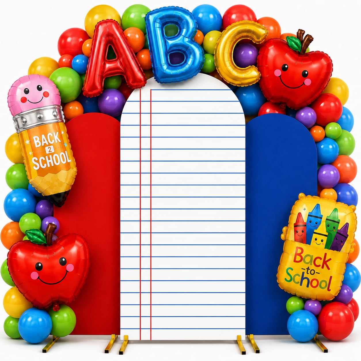 Cinrobiye Juego de 56 piezas de telón de fondo de arco de regreso a clases, composición de tela elástica, fundas de arco de cuaderno para marcos de 4 pies, 5 pies y 6 pies con 42 globos, decoración de
