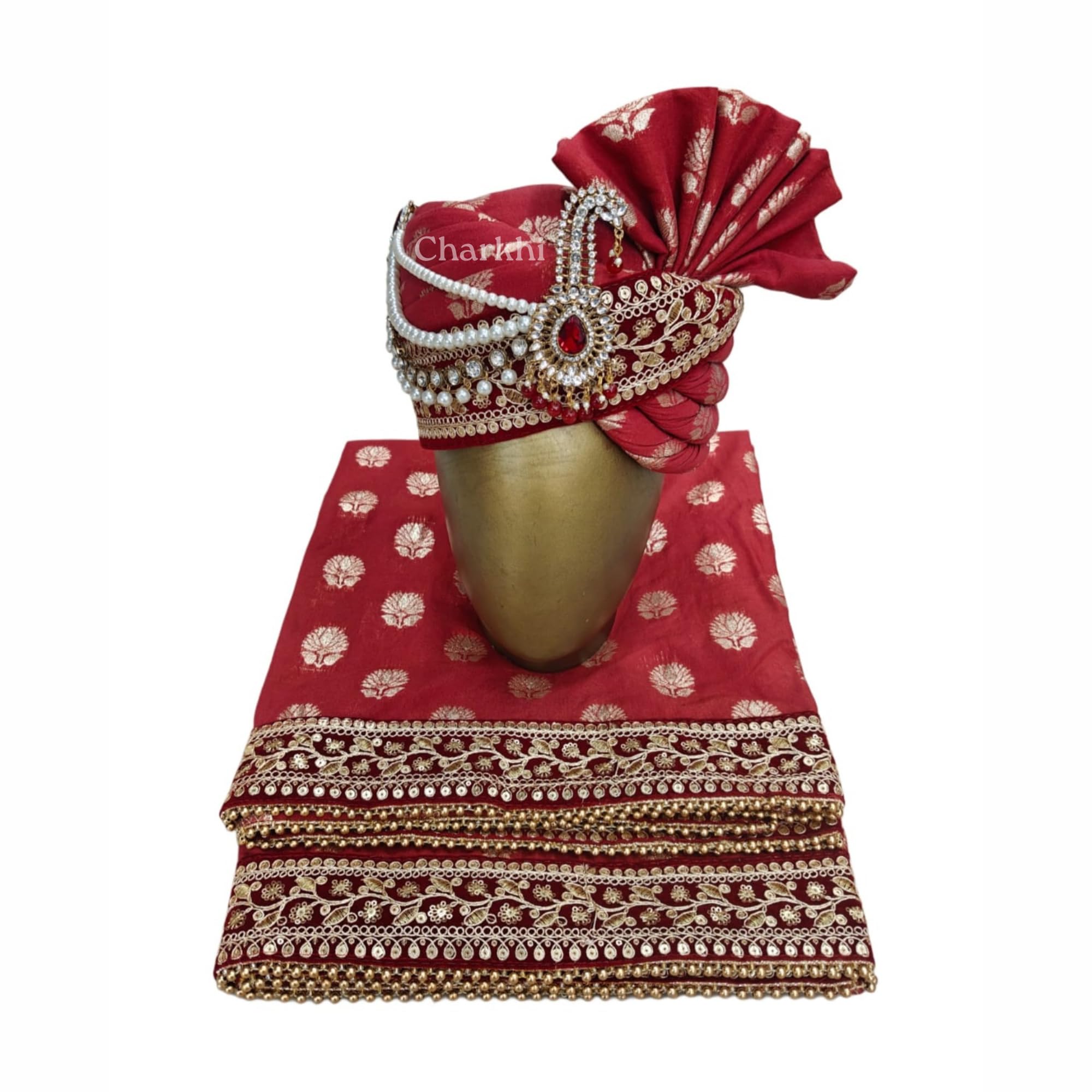 Men’s Wedding Safa with Dupatta | Ethnic Turban/Pagri for Groom | Royal Maharaja Pagdi with Sherwani Stole for Wedding, Baraat-image-4