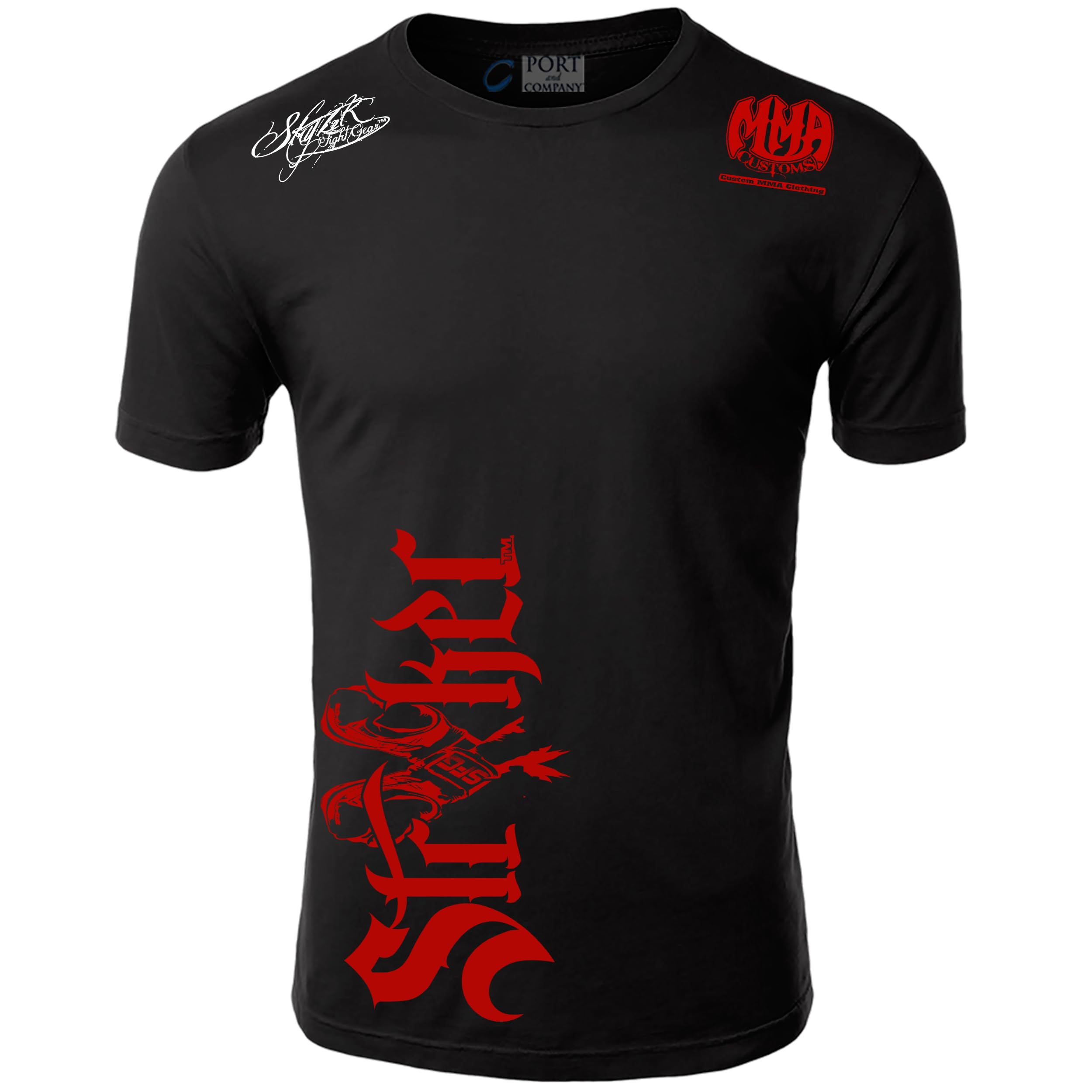 Stryker Fight GearSide Logo Rocky MMA Fighting Gloves Design Shorts Sleeve Adult Cotton T Shirt (US, Alpha, Large, Regular, Regular, Black/Red White Logos)