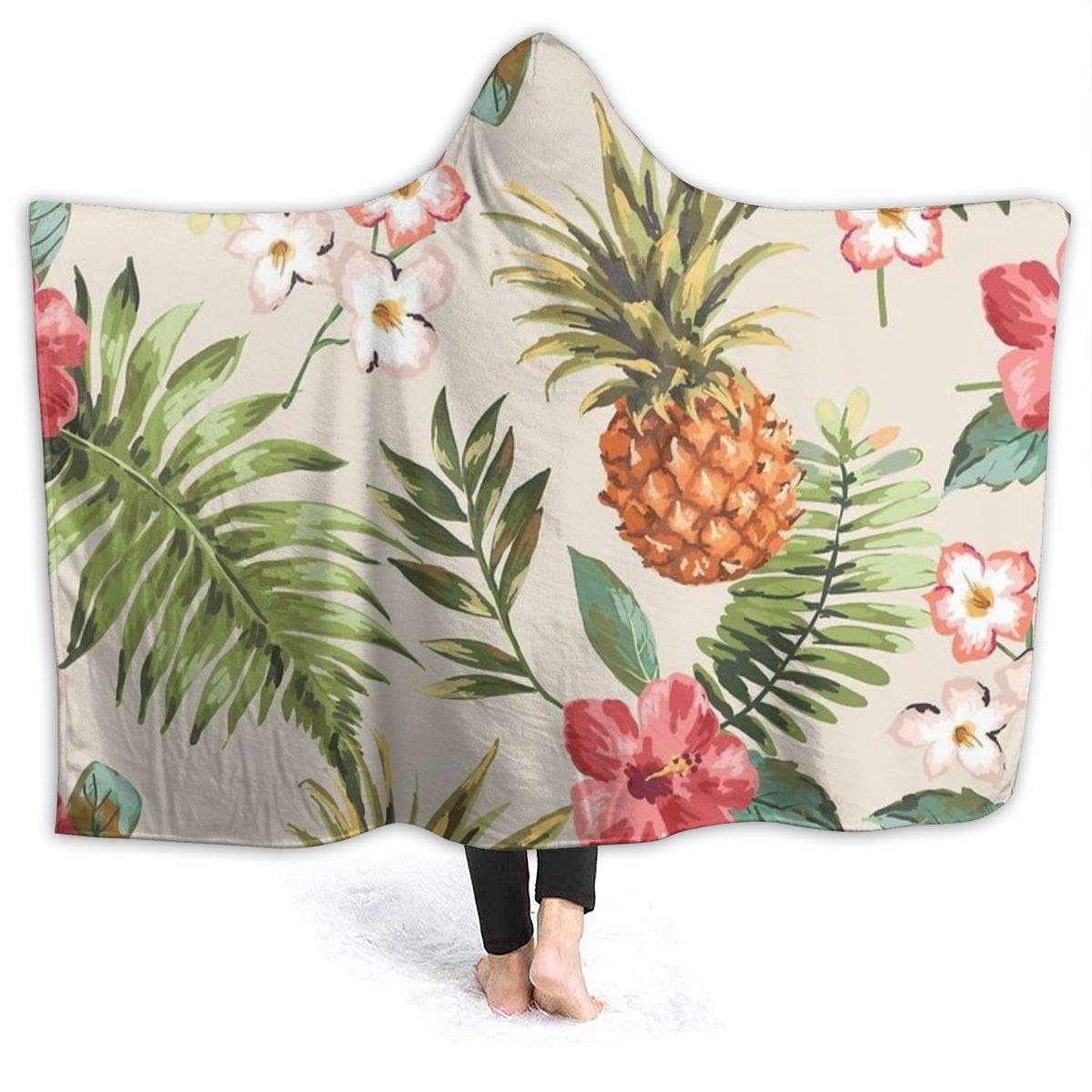 321DESIGNPineapple Leaves Flowers Wearable Blanket Fleece Hooded Robe Cloak Throw Quilt Poncho Microfiber Sherpa Plush Warm Wrap Multiple-Size Child(50"x40"in)