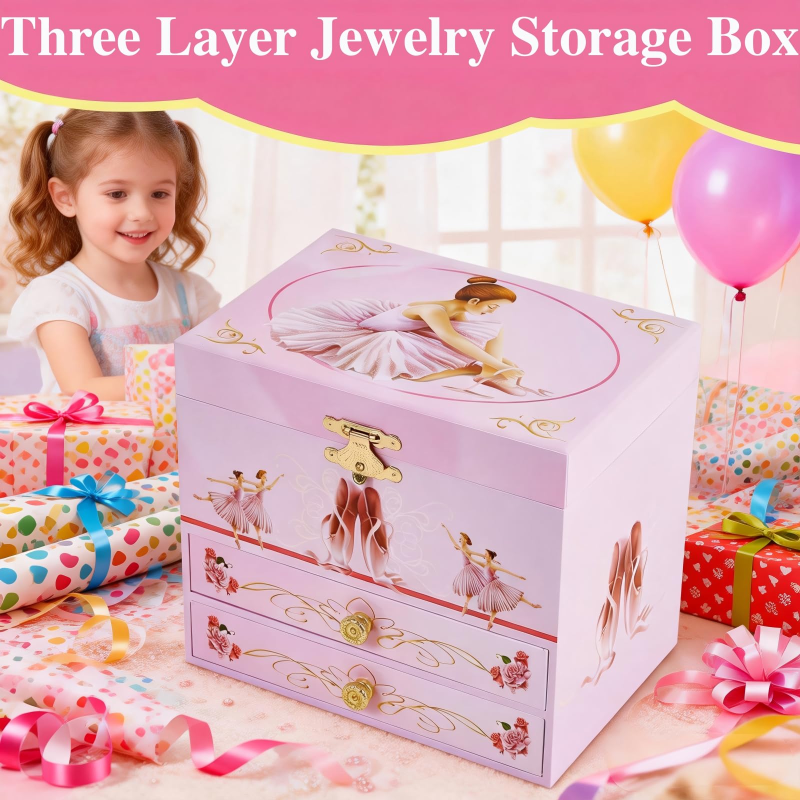 Joyero musical para niñas con 2 cajones, caja de música de regalo para niñas con bailarina giratoria para edades de 3 a 12 años, almacenamiento de joyas para niños