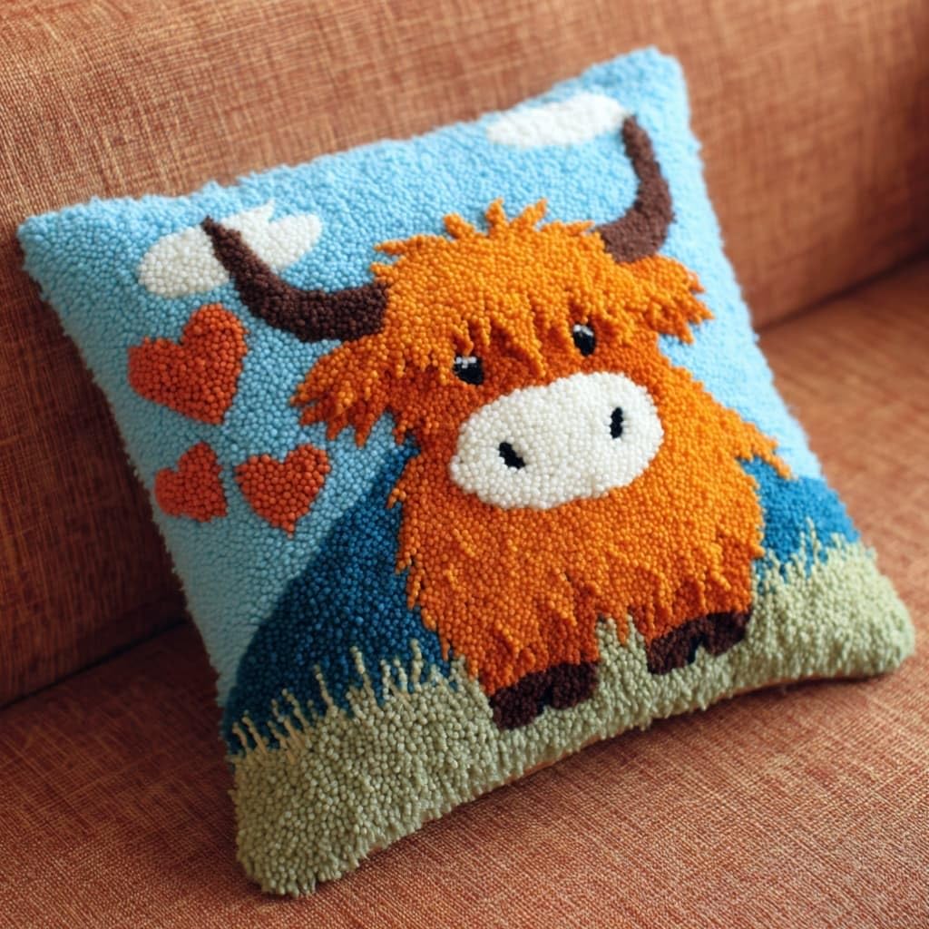 Taxpy DIY Latch Hook Pillow Kit Pre-Printed Hook and Latch Rug Kits Highland Cattle 17X17 Inch.Cross-Stitch Embroidery Cushion Cover for Home Sofa Decoration