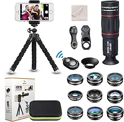 Kit de lentes de câmera de telefone universal 15 em 1 lente teleobjetiva 18X, lente grande angular, lente macro, lente olho de peixe, lente caleidoscópio 3/6, CPL/fluxo/estrela/filtro radial, tripé,