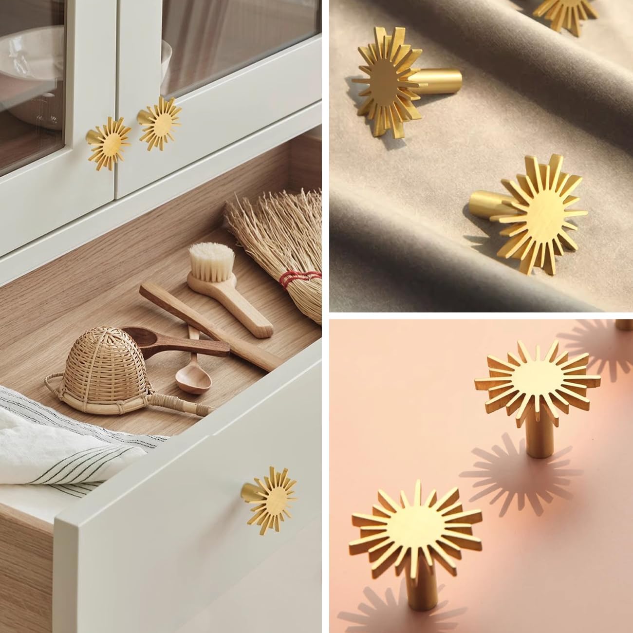 WAYUTO 2PCS Sun Shaped Cabinet Knobs Dresser Knobs Brass Door Knobs Closet Handles Pull Wardrobe Cupboard Furniture Hardware for Kitchen Bathroom Home