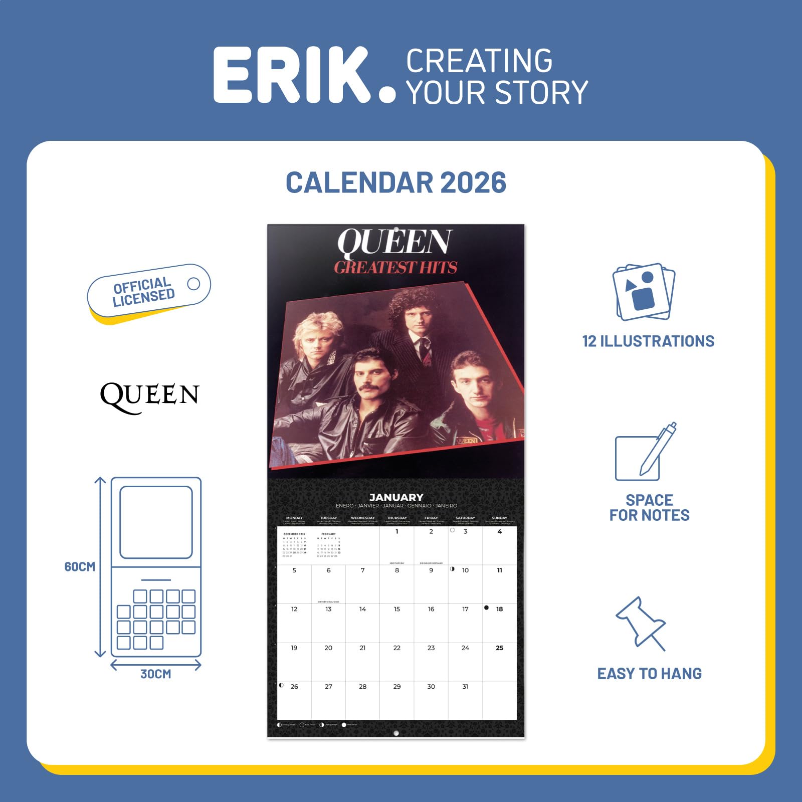 Grupo Erik Wall Calendar 2026 - Queen Calendar 2026 | Square 30 x 30 cm - 12 x 12 inches Wall Planner, Family Planner Month To View | Queen Merchandise Band Gifts For Friends
