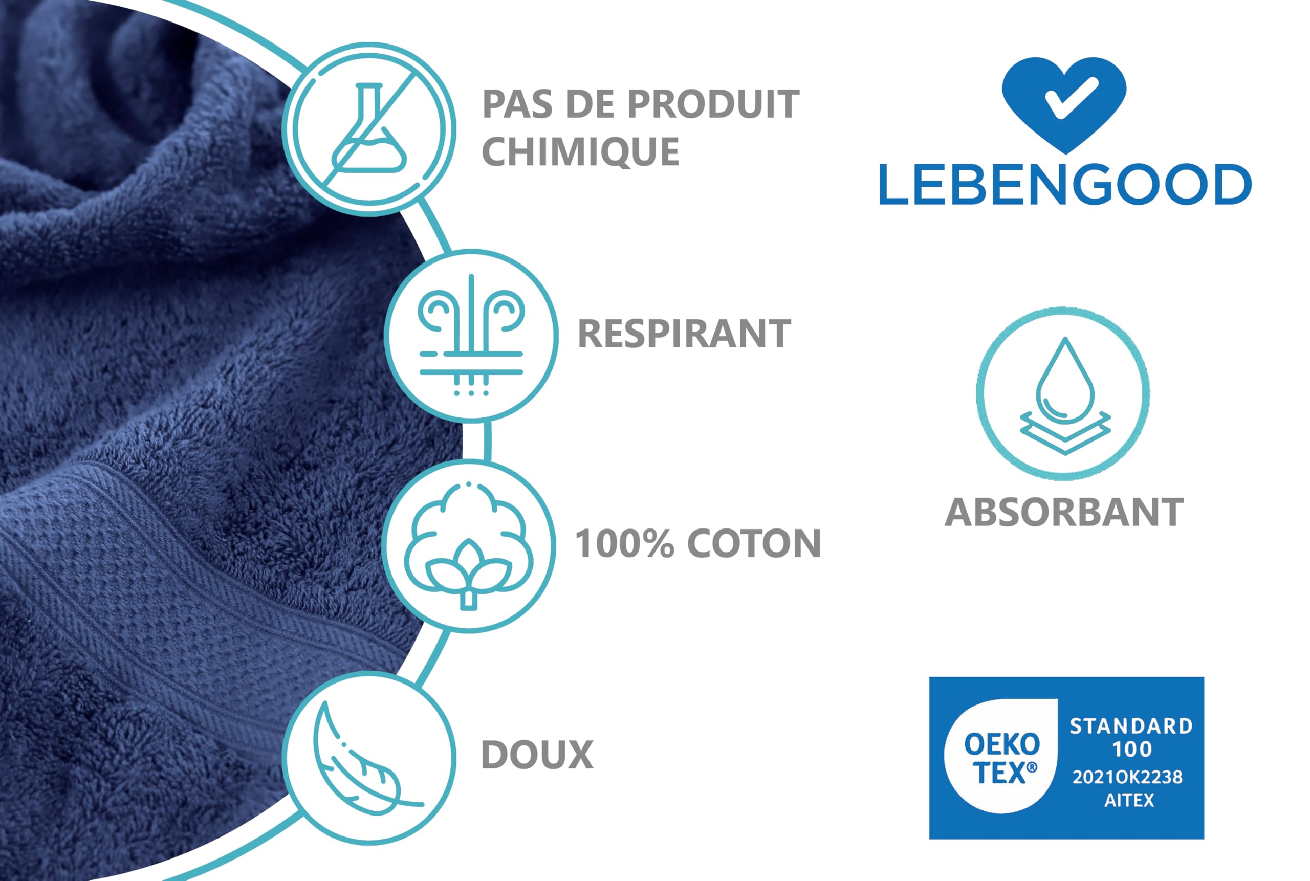 LEBENGOOD Szlafrok męski 100% amerykańska bawełna frotte 400 g z paskiem, kieszeniami, miękki szlafrok pod prysznic