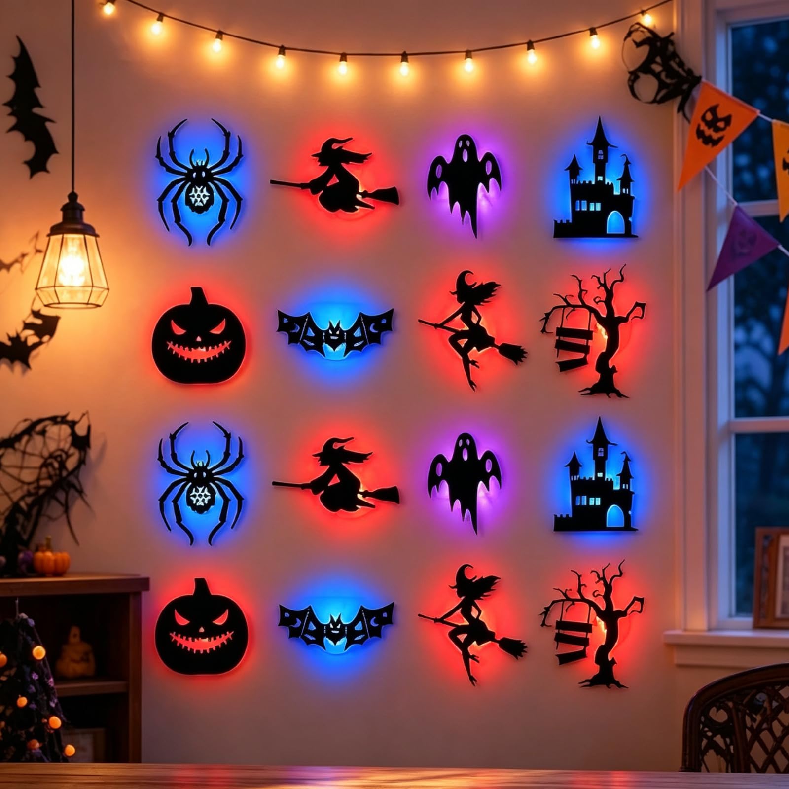 16 Pack Halloween LED Silhouette Wall Light Stickers Decor Set