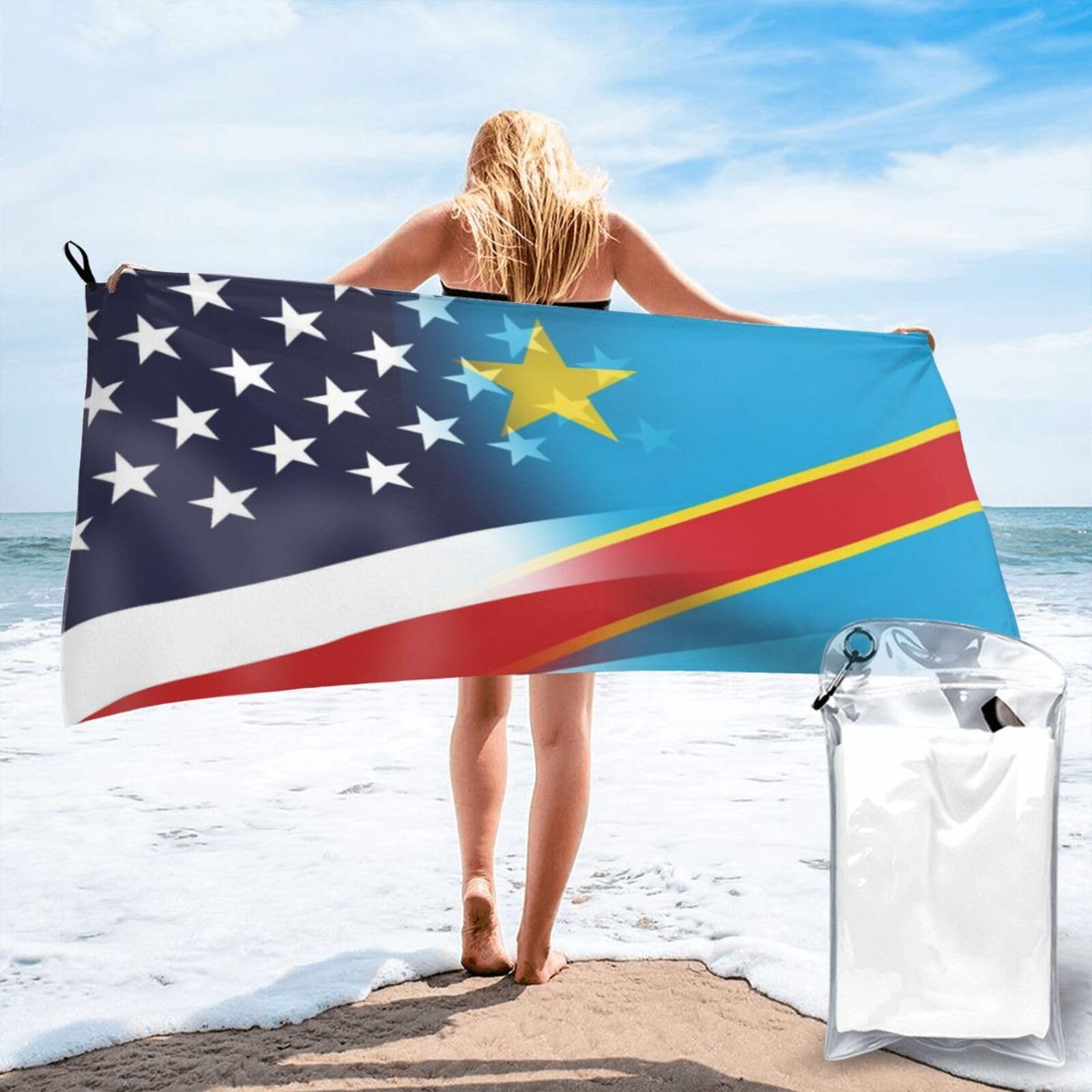HACXZ Funny America Flag and Congolese Congo Flag Absorbent Beach Towel Microfiber Beach Shower Towel 31.5"X63"