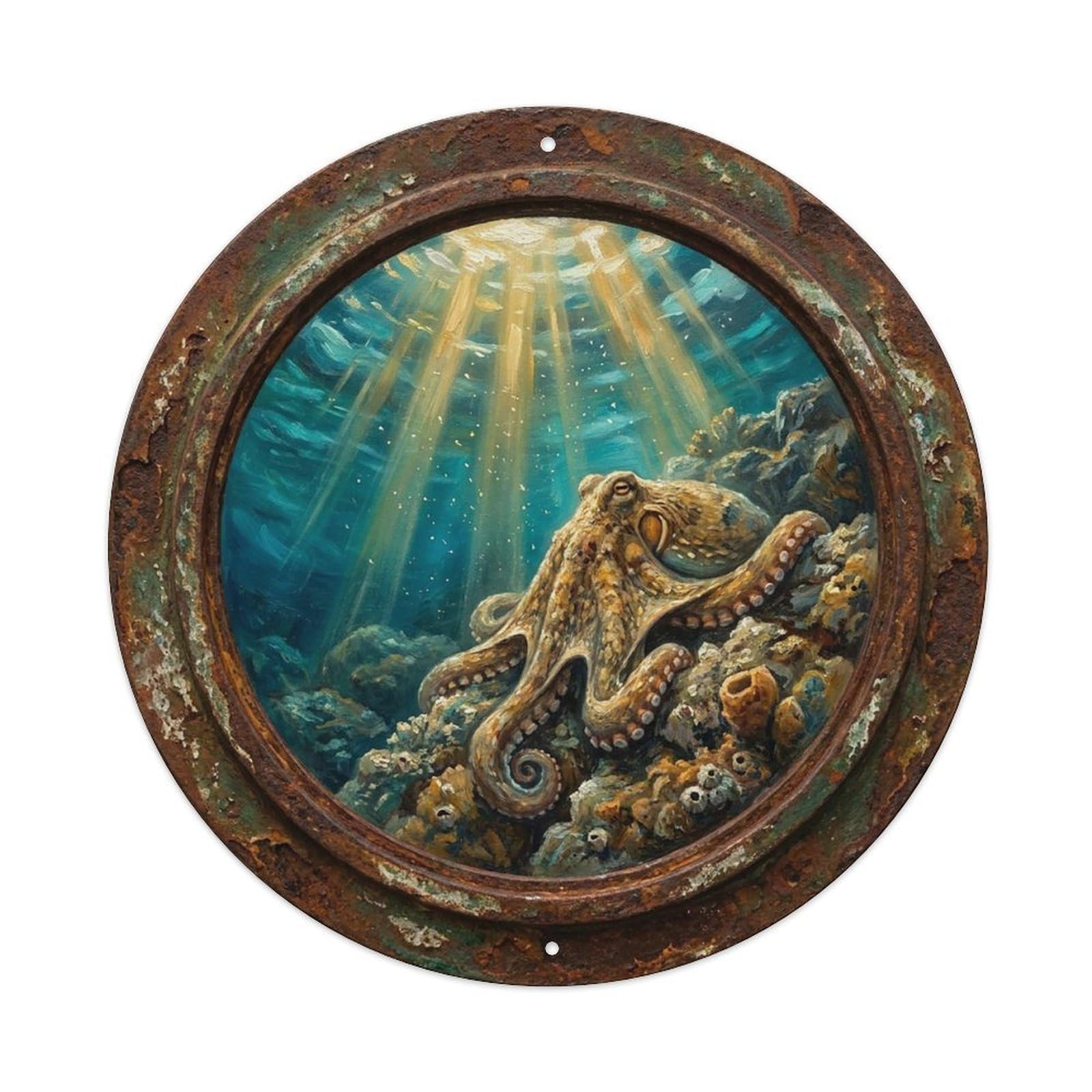 Vintage Porthole Octopus Camouflage Ship Window Under Deep Metal Tin Sign