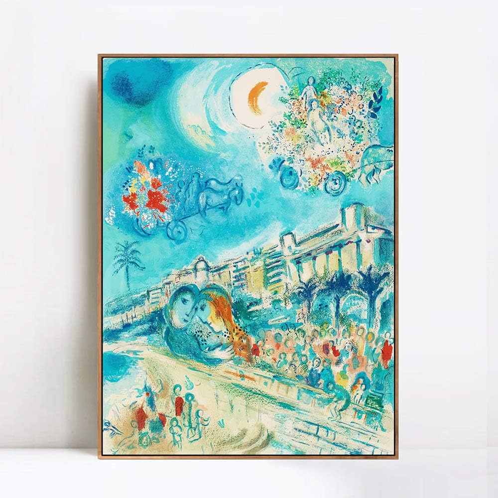 INVIN ARTFramed Canvas Giclee Print Hug Bataille de Fleurs by Marc Chagall Wall Art Living Room Home Office Decorations(Wood Color Slim Frame,24"x32")