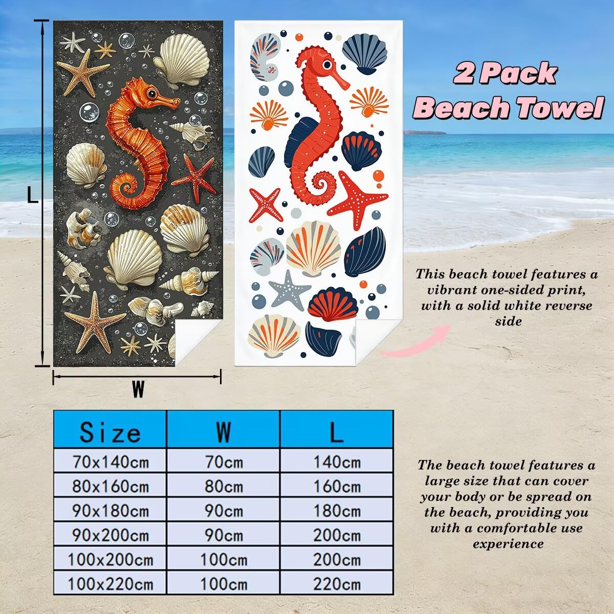 Toalla Playa 90x180 cm, Toalla Gimnasio Microfibra Secado Rapido, Juego de 2 Antiarena Toallas de Playa, Ligera Compacta Toallas Microfibra Grande para Viaje, Regalo Mujer Hombre (Caballito Mar) -4927