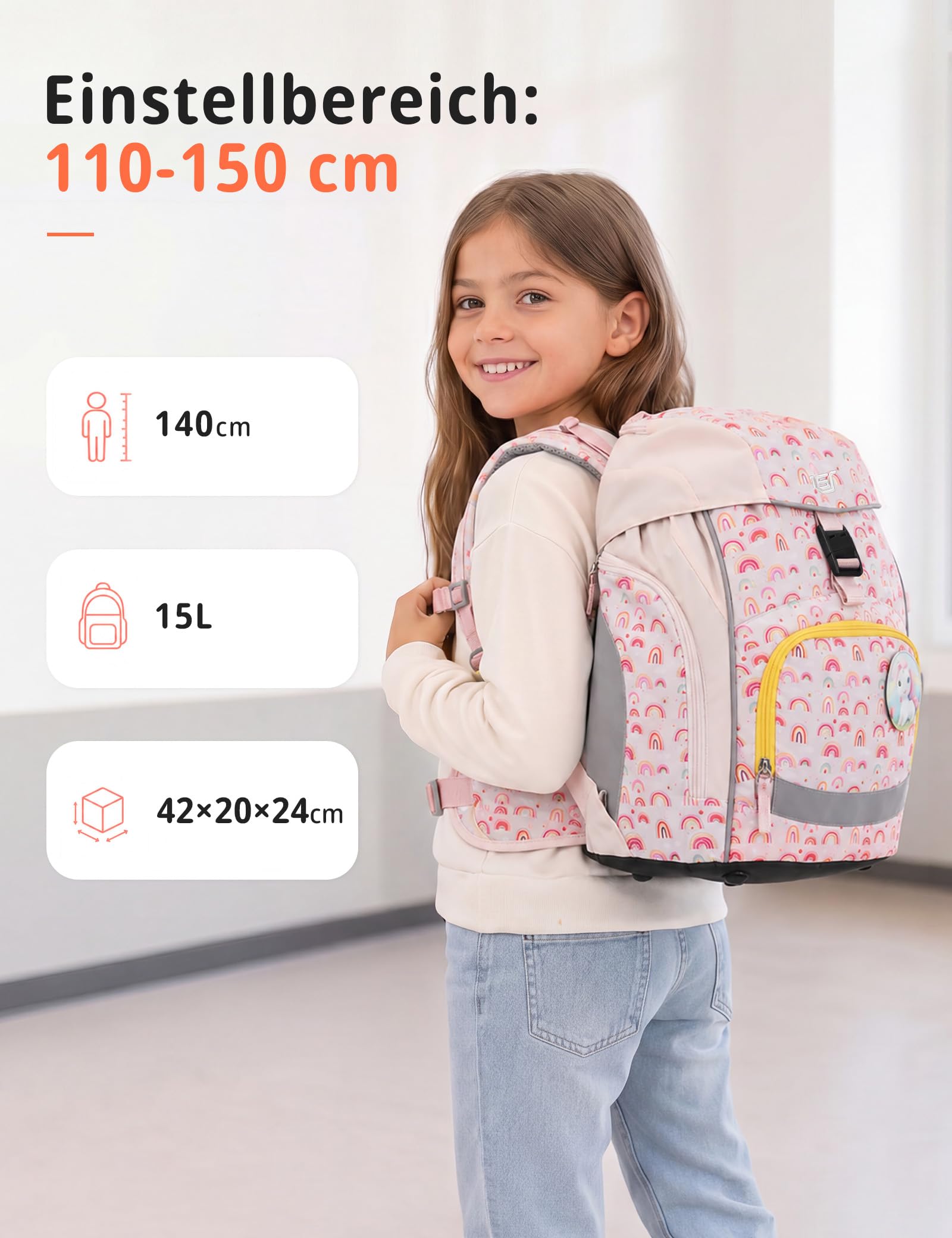 SKYSPER Set Zaino Ergonomico per Bambini 5 Pezzi Set per la Scuola Zaino con copripioggia e strisce riflettenti Prima Elementare Viaggio Scuola Sport Attività all'Aperto