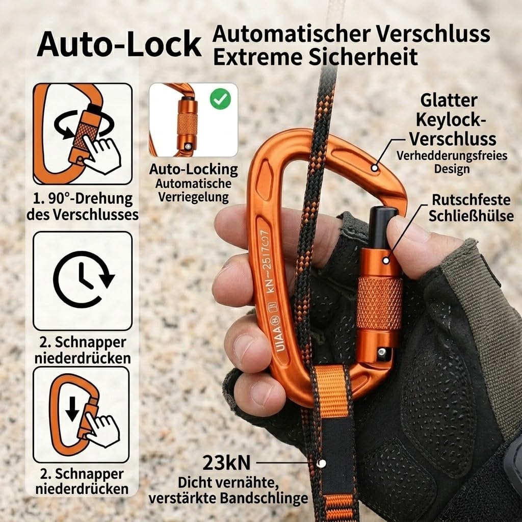 Karabiner Klettern Kletterausrüstung, 2 Stück UIAA-Zertifiziert 25KN Auto Locking Kletterkarabiner Clips +2 Stück 22KN Nylon Seil，zum Klettern, Bergsteigen, Wandern