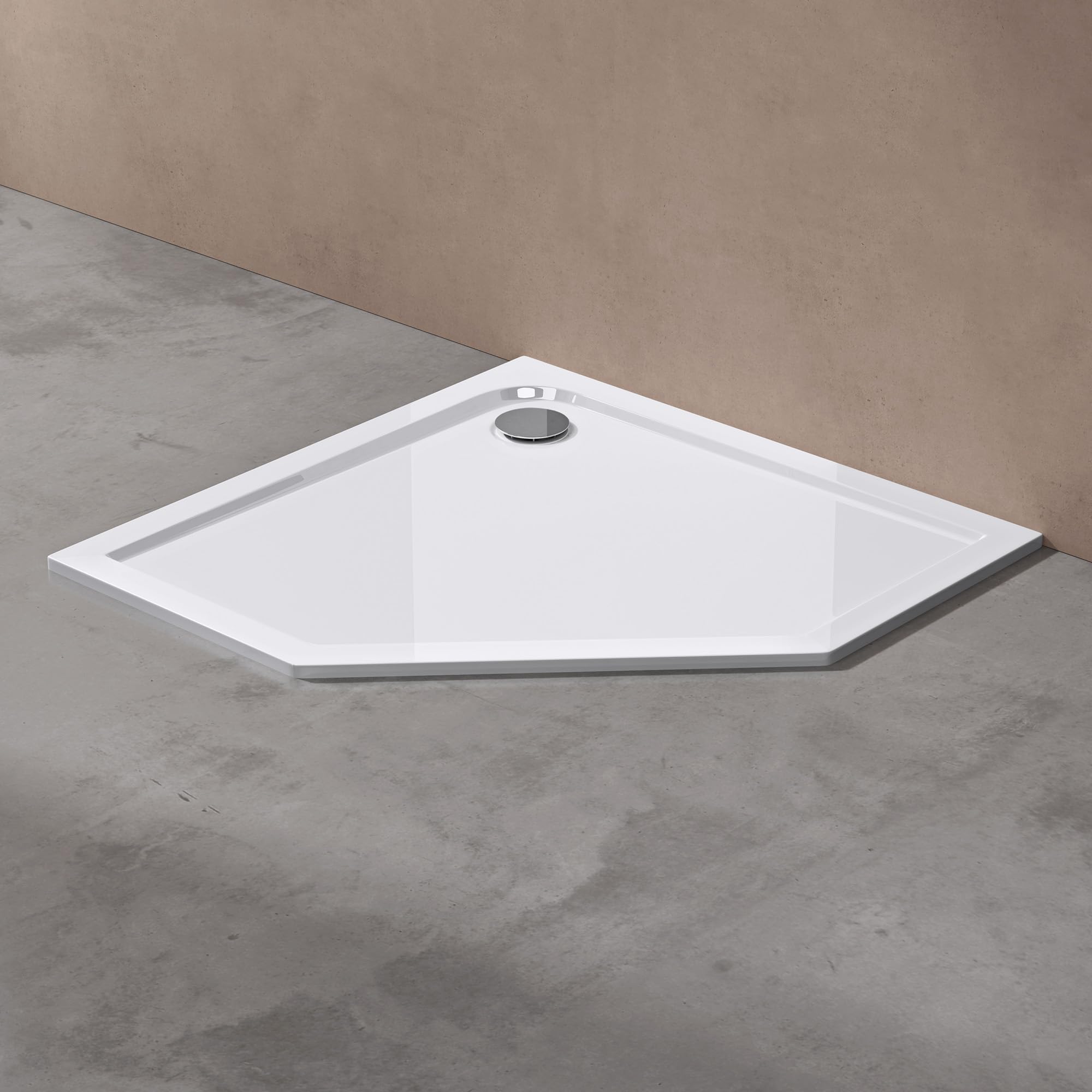 doporro Plato de Ducha Plano 100x100x4 cm Pentagonal en Acrílico Blanco, Ideal para Instalación a Nivel del Suelo y Conexiones DIN Faro5W