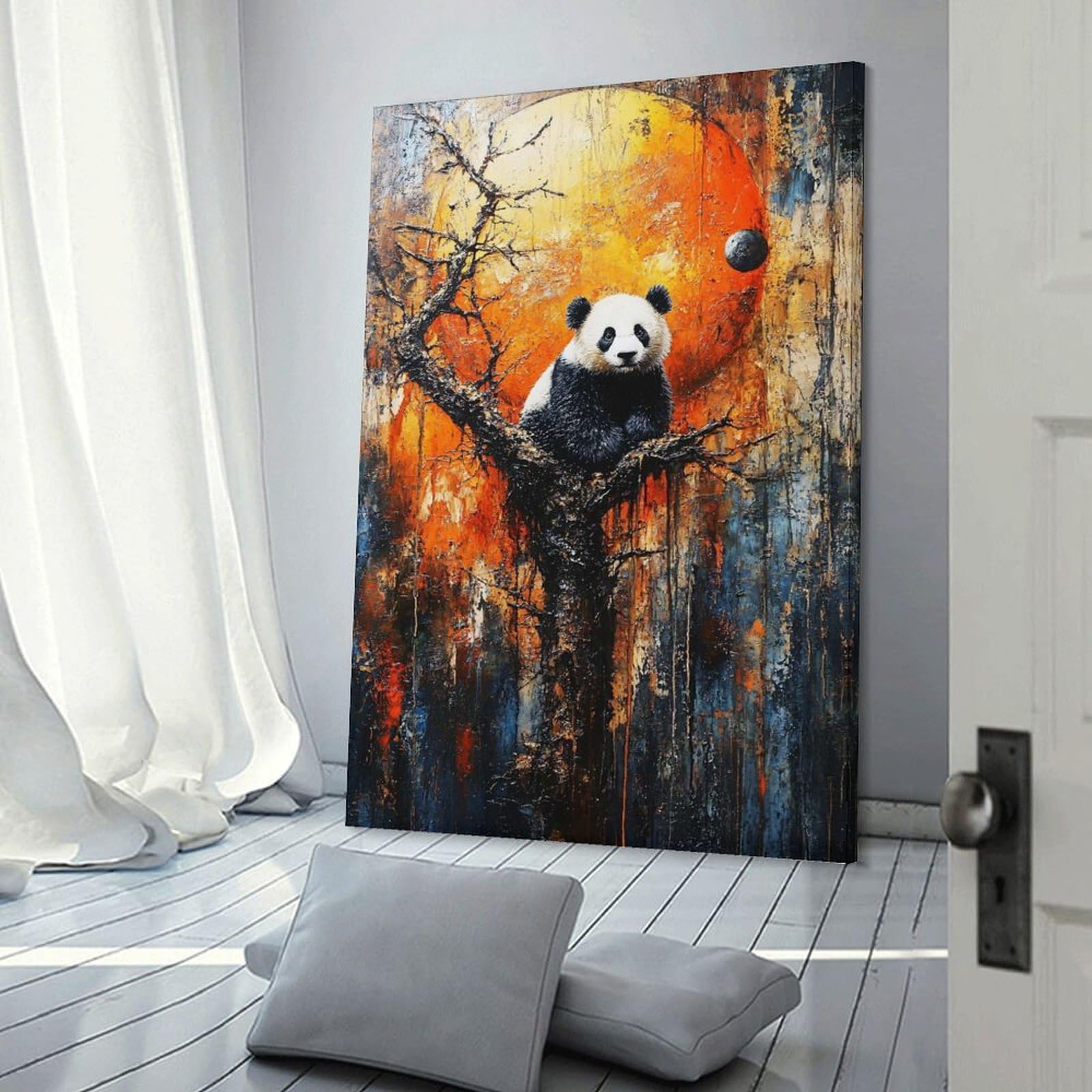 Junmoney Panda in Tree with Orange Sun Wall Decor Canvas Print 24x36inch(60x90cm), for Lounge, Study, Hallway Or Flat Walls, Decorative Artwork with Broad Appeal