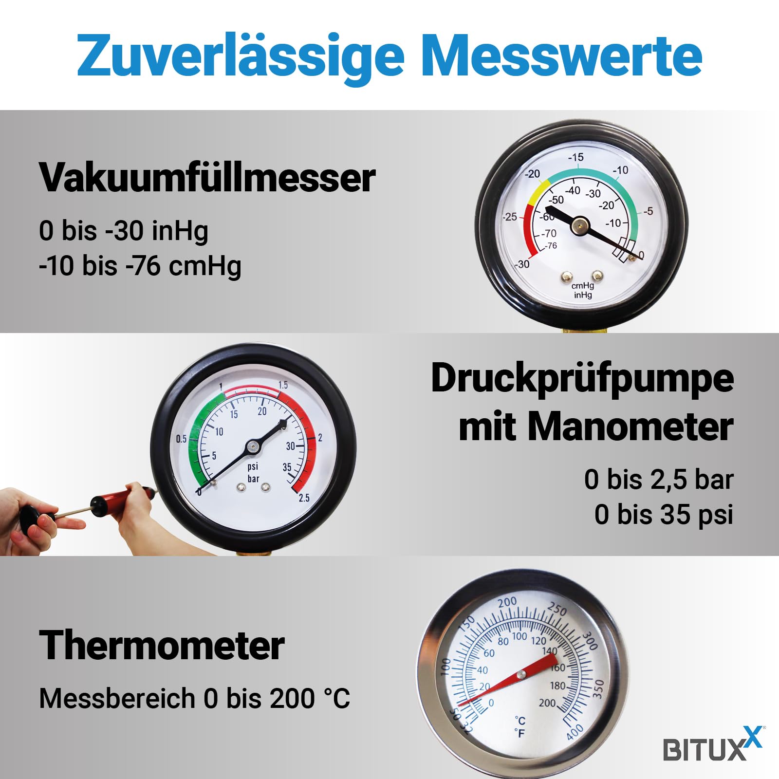 BITUXX 34tlg. Kühlsystem Abdrückgerät Entlüftungsgerät Kühlmittel Vakuum Befüllgerät Entlüften Pneumatisch KFZ PKW Werkstatt
