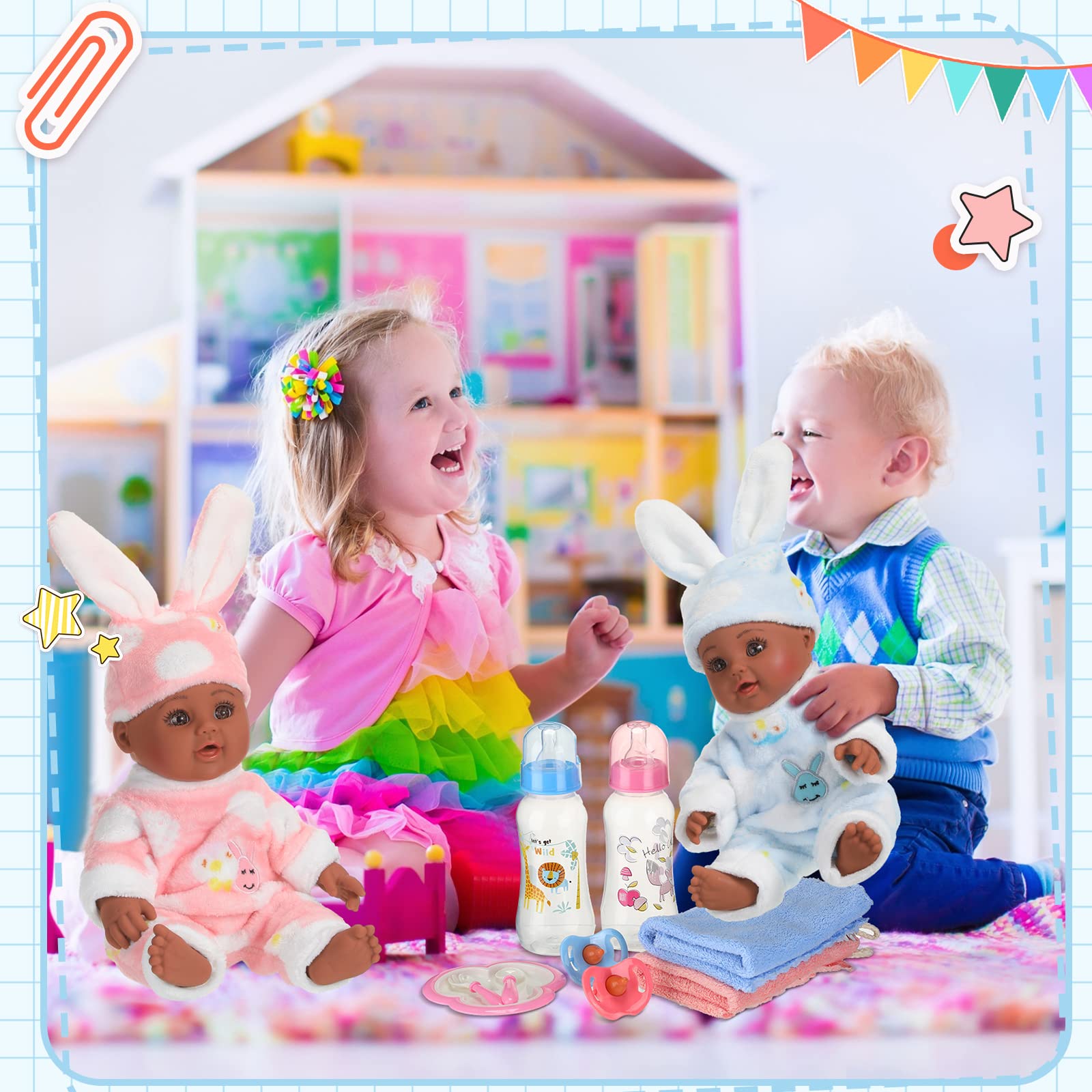 El juego de 10 muñecas realistas de bebé gemelas incluye 2 muñecas de bebé de 12 pulgadas, juego de alimentación, chupetes, pañales para muñecas, bolsas, biberones de leche, traje extraíble para niños 6