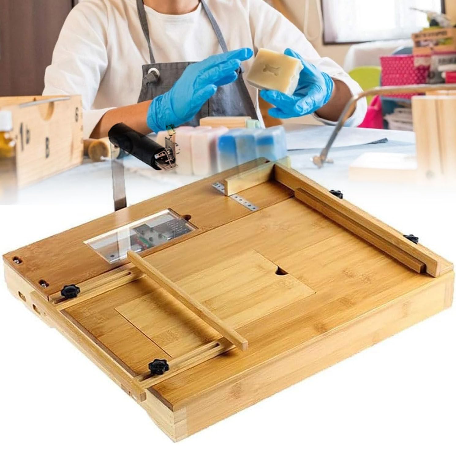 AYCDL Loaf Soap Making Cutting Mold Kit, Adjustable Wooden Soap Cutter Machine with Size Scale and Hidden Storage Box