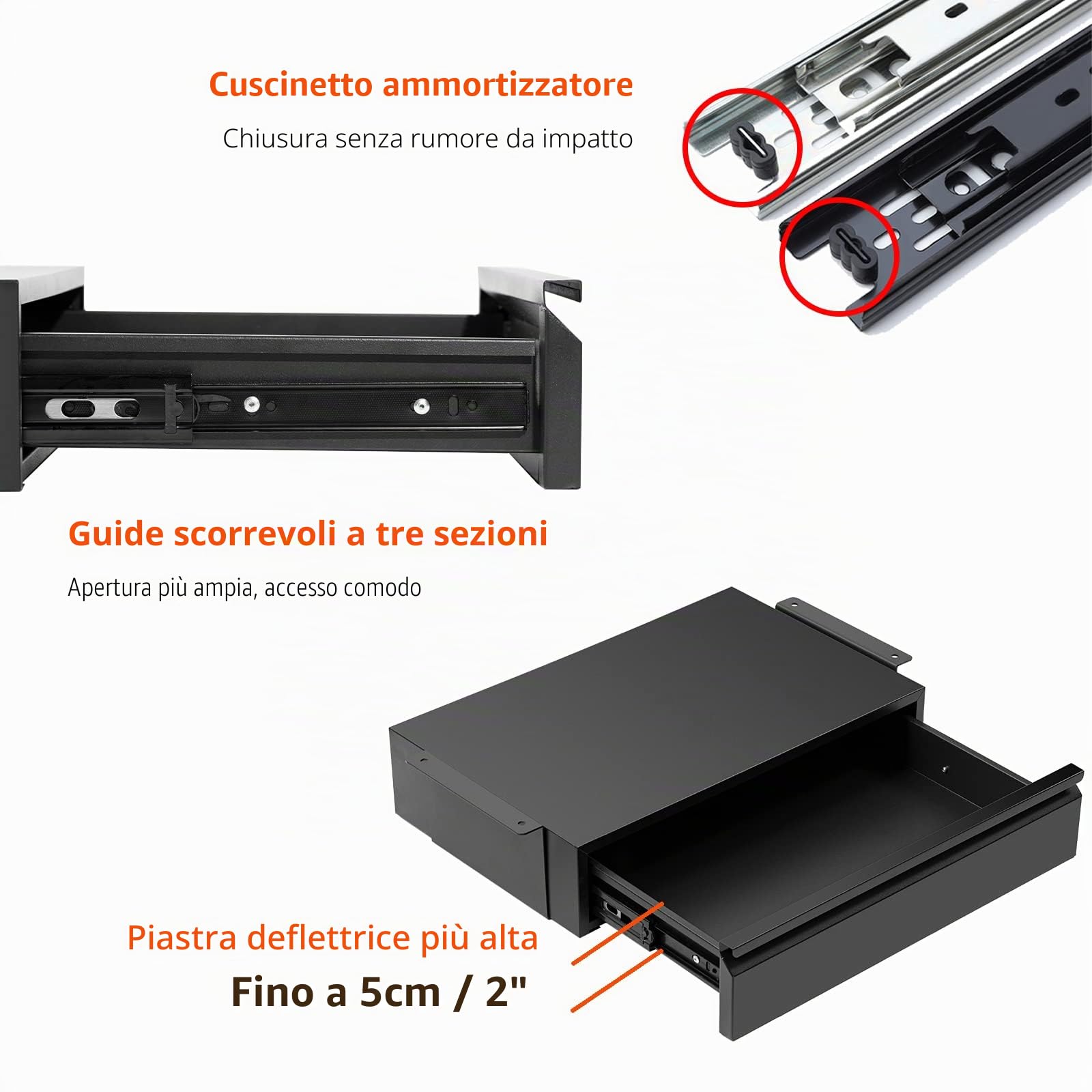 Cassetto in metallo nero con grande estensione scorrevole, organizer per mensole estraibili montato sotto un tavolo piatto in legno o un banco da lavoro, versione normale
