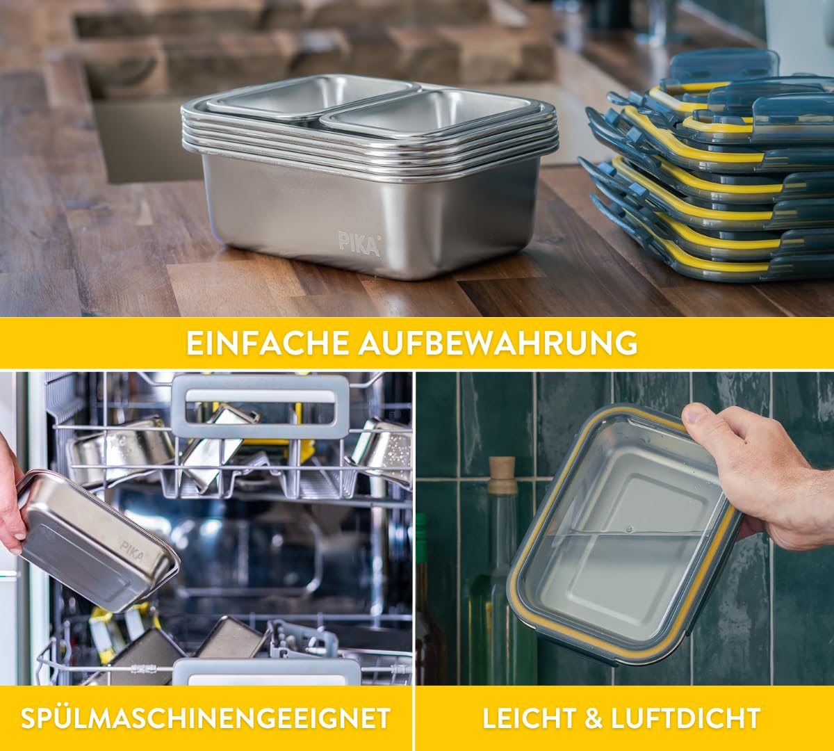 PIKA° Premium Edelstahl-Frischhaltebehälter-Vorratsdosen Set (7-tlg.) | Mikrowellen- & Ofenfest | Luftdichte Frischhaltedosen für Meal Prep & Batch Cooking | Spülmaschinenfest & BPA-frei