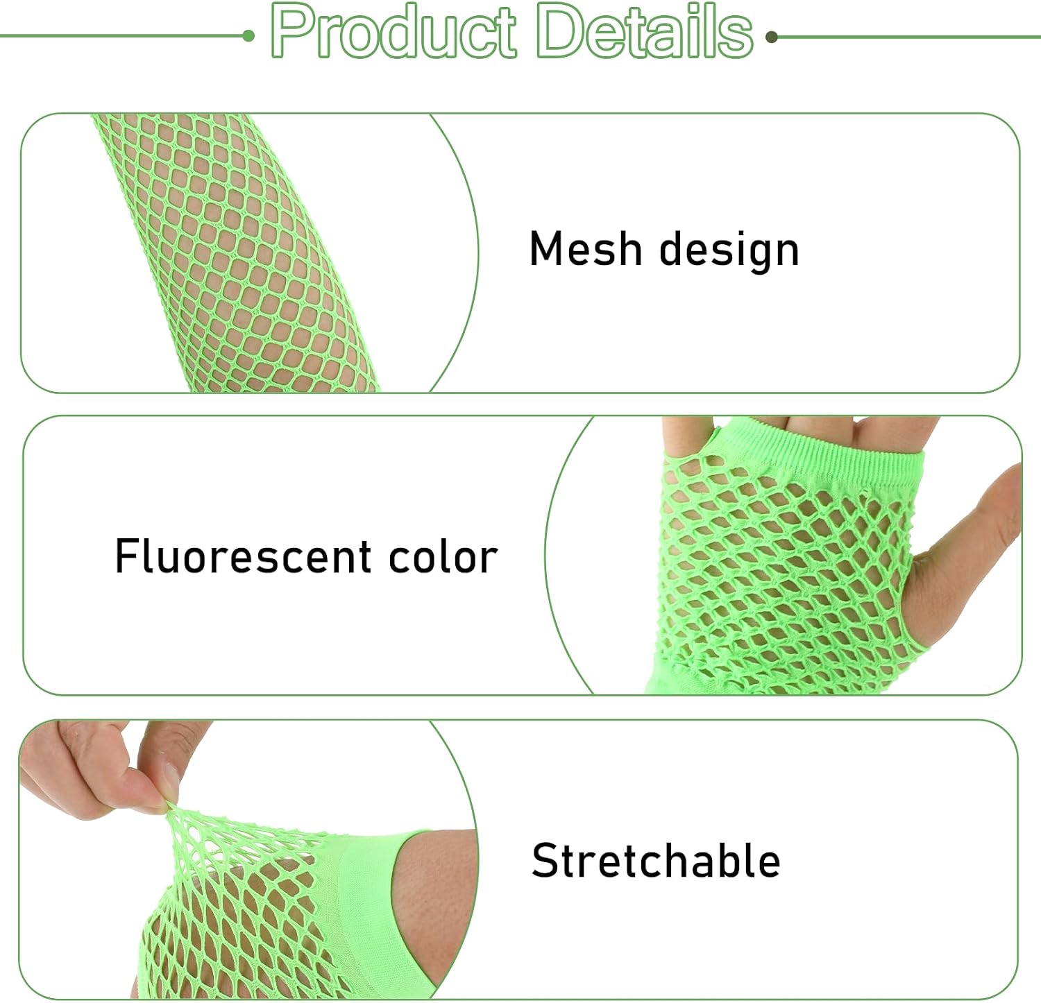 Neon Stretchy Green Fishnet Arm Sleeves - Short, Long Fingerless Gloves for Glow Party, 80s/90s Halloween Theme
