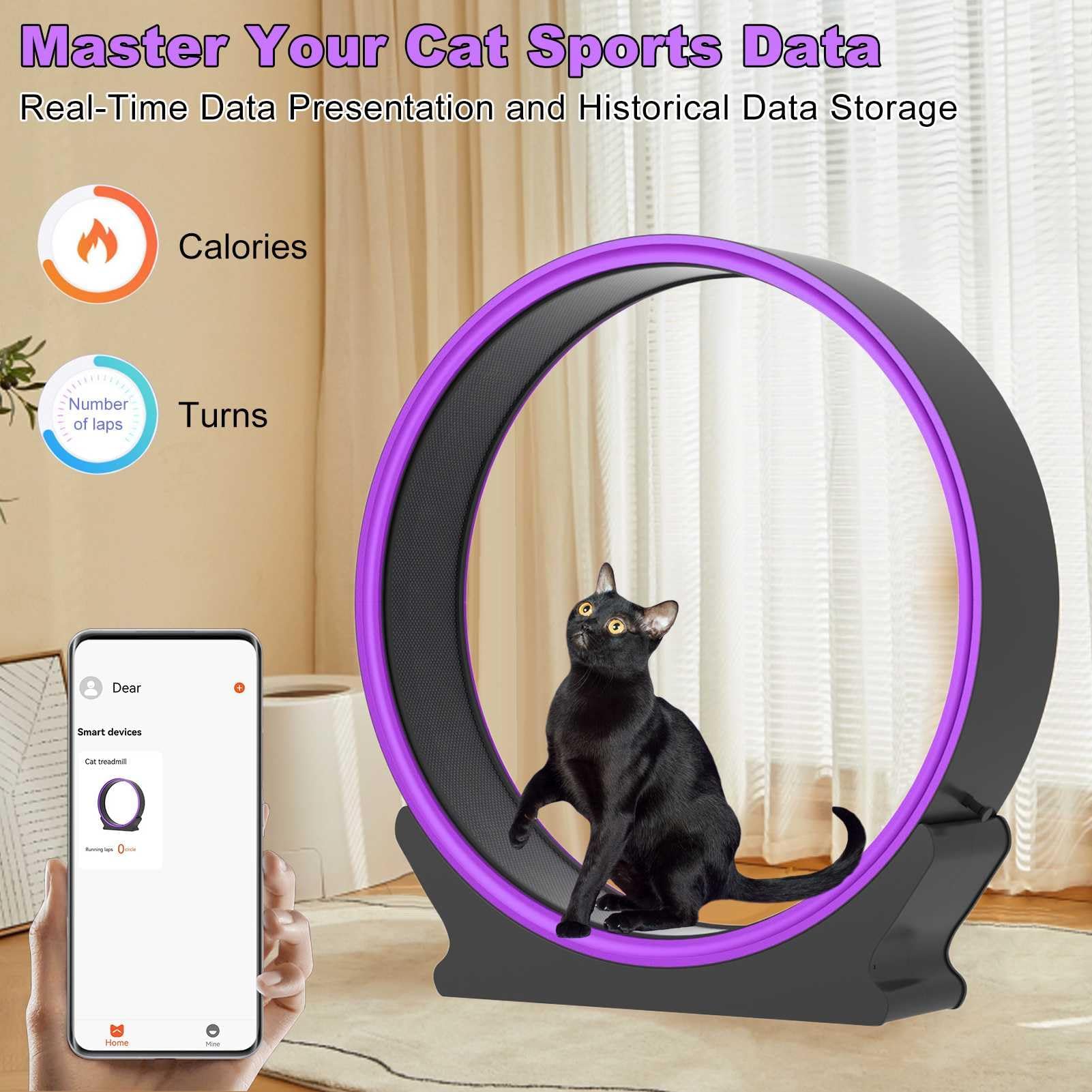 Katzenlaufrad, Laufband mit Telefon-App-Daten, Lichtstreifen, Katzensportspielzeug für gesunde Bewegung und längeres Leben