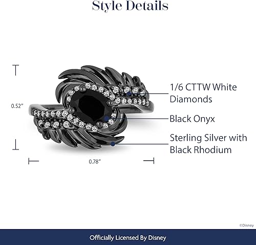 Miniatura 4 de Jewelili Enchanted Disney Fine Jewelry Anillo de plata de ley con rodio negro de 16 quilates de diamante y alas de maléfica de ónix, Metal, Diamante