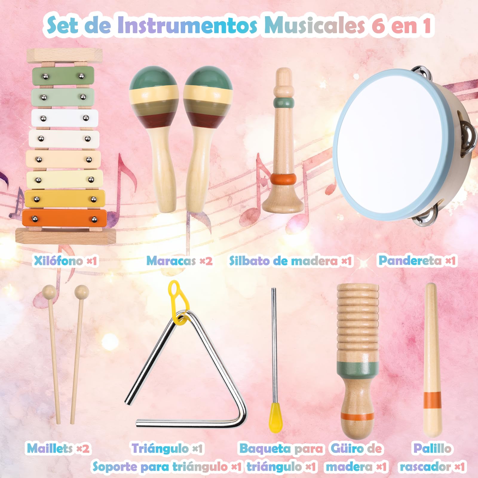 Instrumentos Musicales de Madera para Niños de 3 4 5 Años, Set Montessori de 12 Piezas con Xilófono, Pandereta, Maracas, Triángulo y Güiro, Percusión Infantil