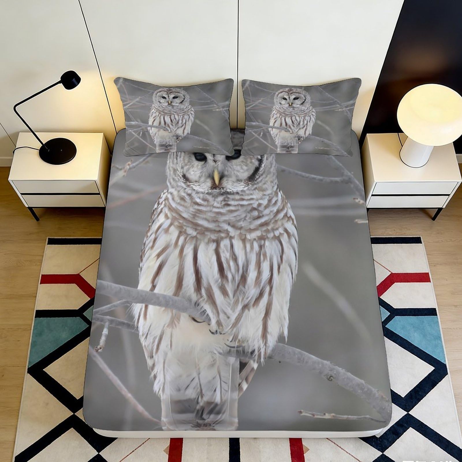 3D Printed Owl Forest Fitted Sheet Microfiber Soft Grey Animal Branch Mattress Cover for Bedroom Guest Room Decor 180x200x25cm