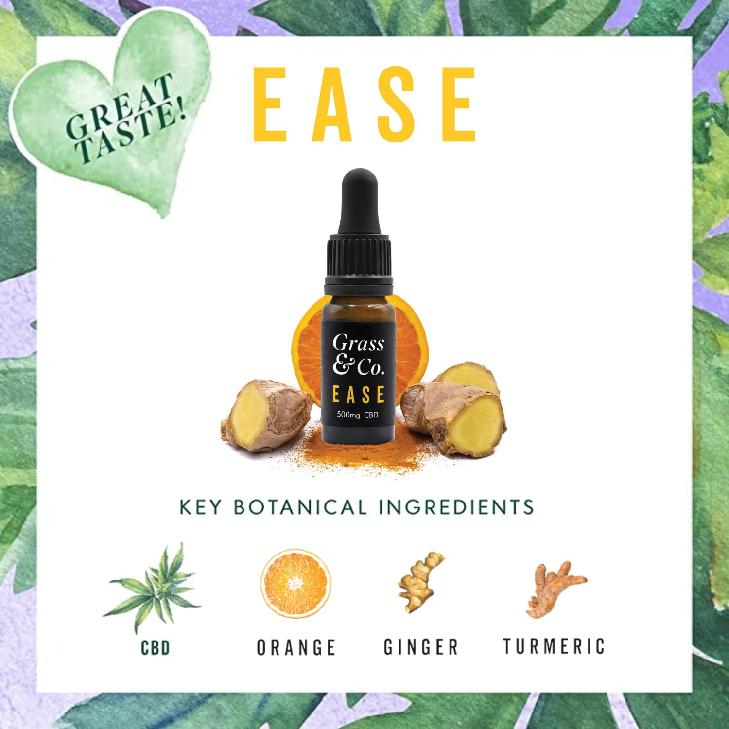 Grass & Co. Ease - Flavoured CBD Oil Drops 500mg (5.5%) CBD with Added  Ginger, Turmeric and Vitamins D + K | Pain & Inflammation Relief