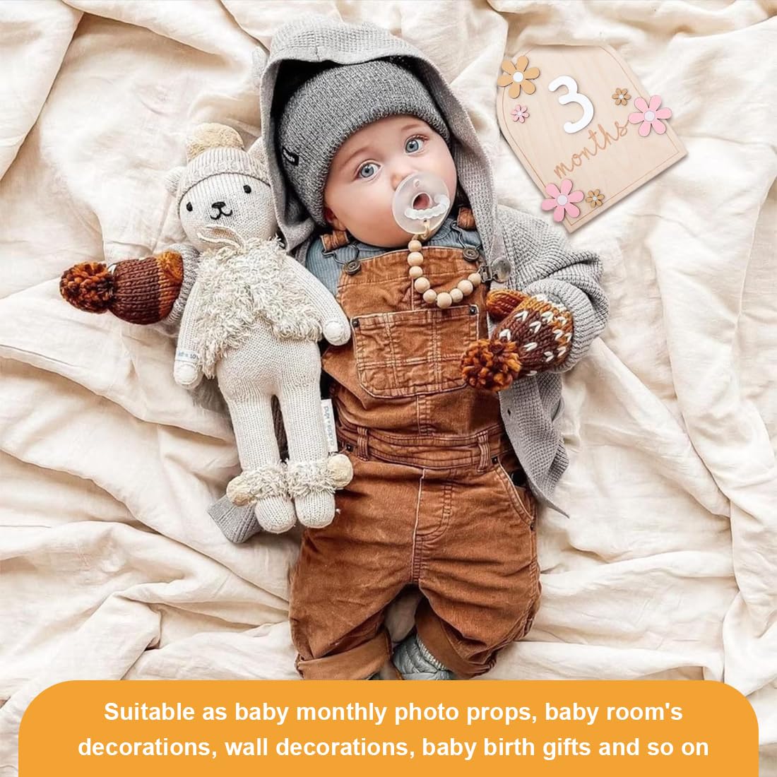 Baby Monthly Milestone Marker Discs With Glue Points Double Sided Wooden Milestone Babys Cards Flower Styled Photoshoot Props Baby Shower Growth Recording Signs For Newborn Boy Girl New Parents Gift - View #2