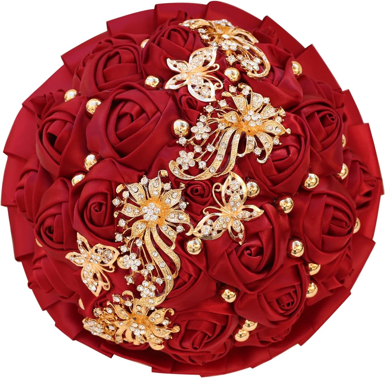 WIFELAI-A Golden Rhinestone Brooch Wedding Flowers Bridal Bouquets Crystal Bride Holding Bouquet White Ivory Satin Roses with Diamond