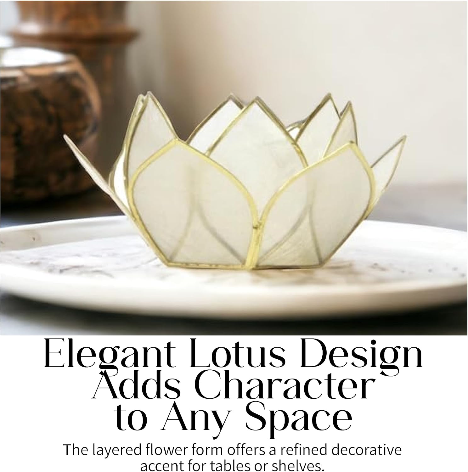 Om Gallery Mini Gemstone Lotus Tealight Holder - Handcrafted Capiz Shell Design for Soft Glow, Elegant Home & Table Decor, Wedding Centerpieces, Votive Candle Styling & Thoughtful Gifting - Pearl image 4