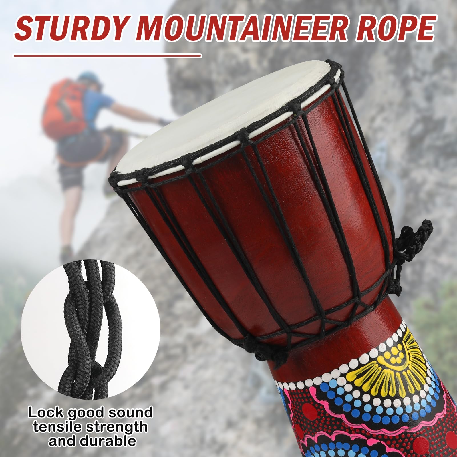 Wood Djembe Drum, 6.5'' x 12''Carved Mahogany African Drums with Goatskin Drumhead, West African Styled Professional Djembe Hand Drum for Kids and Adults Beginners