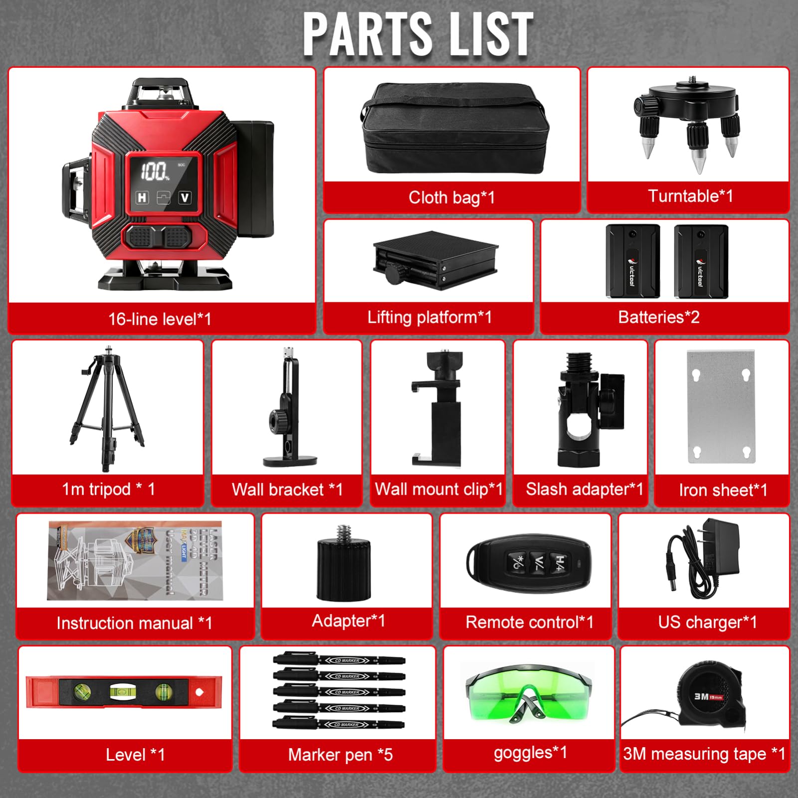 VOBOR Nivel Laser Autonivelante 360 Grados, 16 líneas 4D, 2x 4800 mAh Batería, Pantalla LED, APP et Télécommande, Multitud de Accesorios, Láser Nivel para Azulejos y Paredes