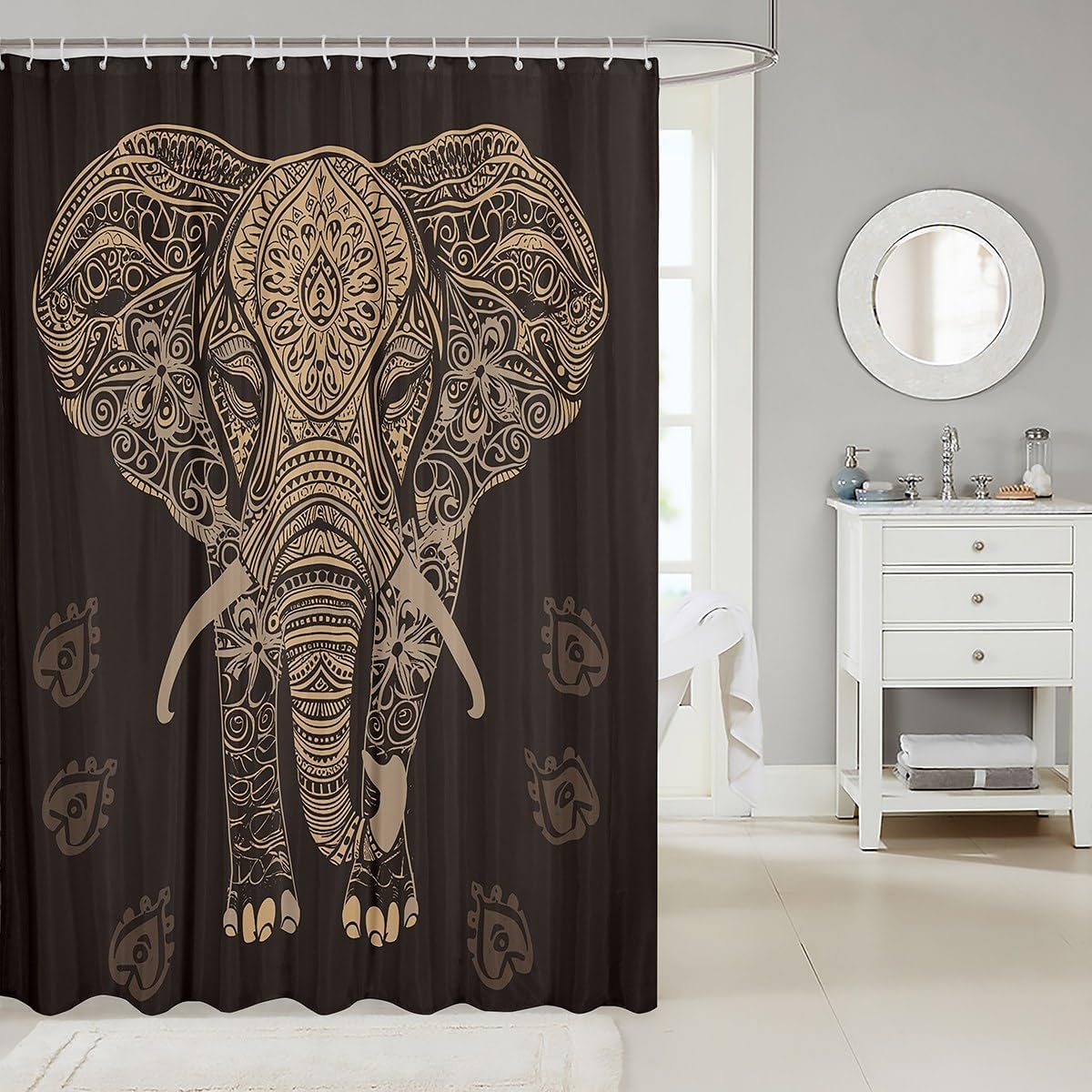 Feelyou Ethnic Elephant Print Shower Curtain for Bathtub Kids Elephant Bathroom Shower Curtain Set Boho Exotic Style Ative Bath Curtain Wild Animal Pattern Kids Bathroom Accessories 72"x84"