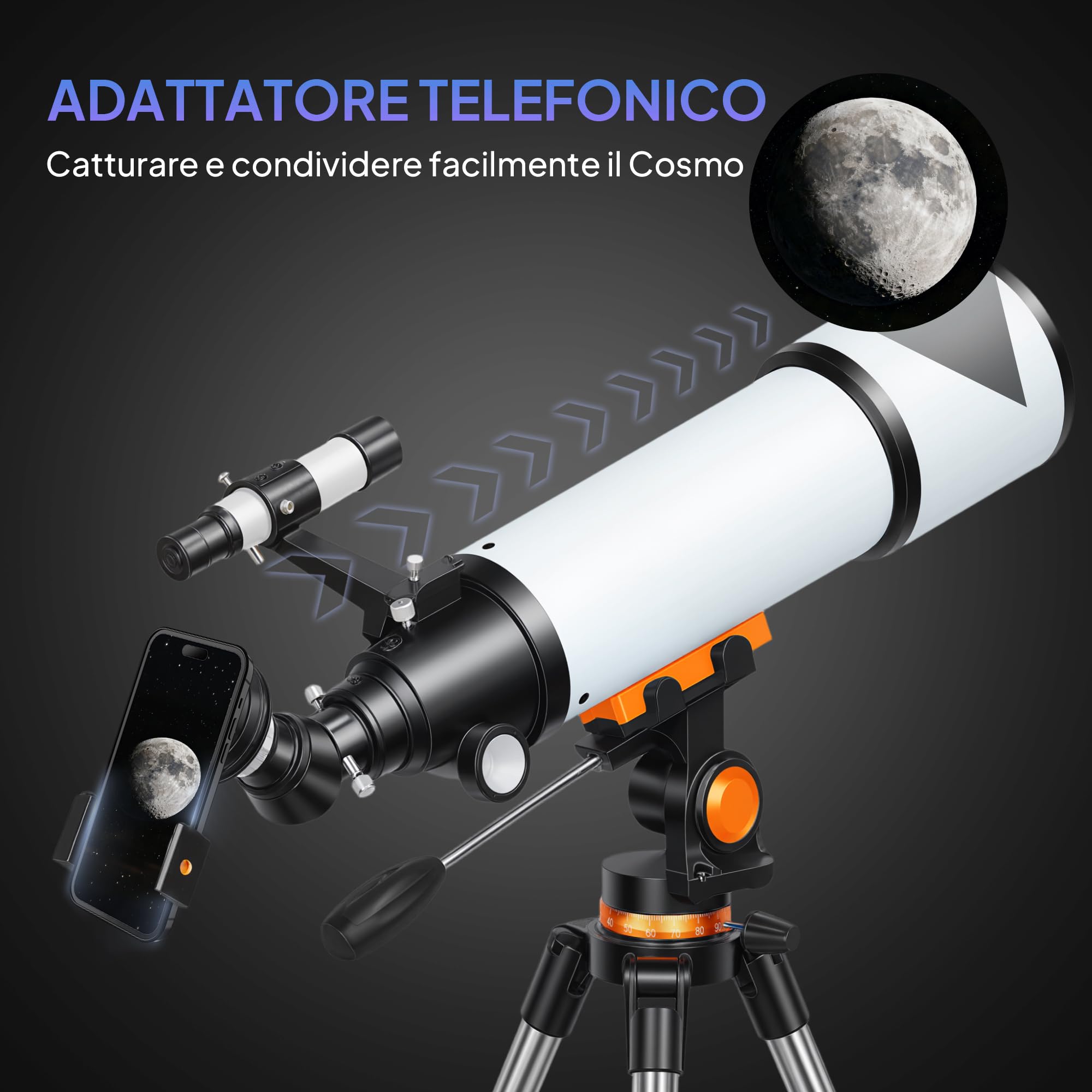 Outsunny Telescopio Astronomico con 80mm Apertura/500mm, 40X/16X Telescopio Rifrattore Portatile con Adattatore Telefono, Borsa da trasporto, Treppiede Regolabile in Altezza per Adulti, Bianco e Nero