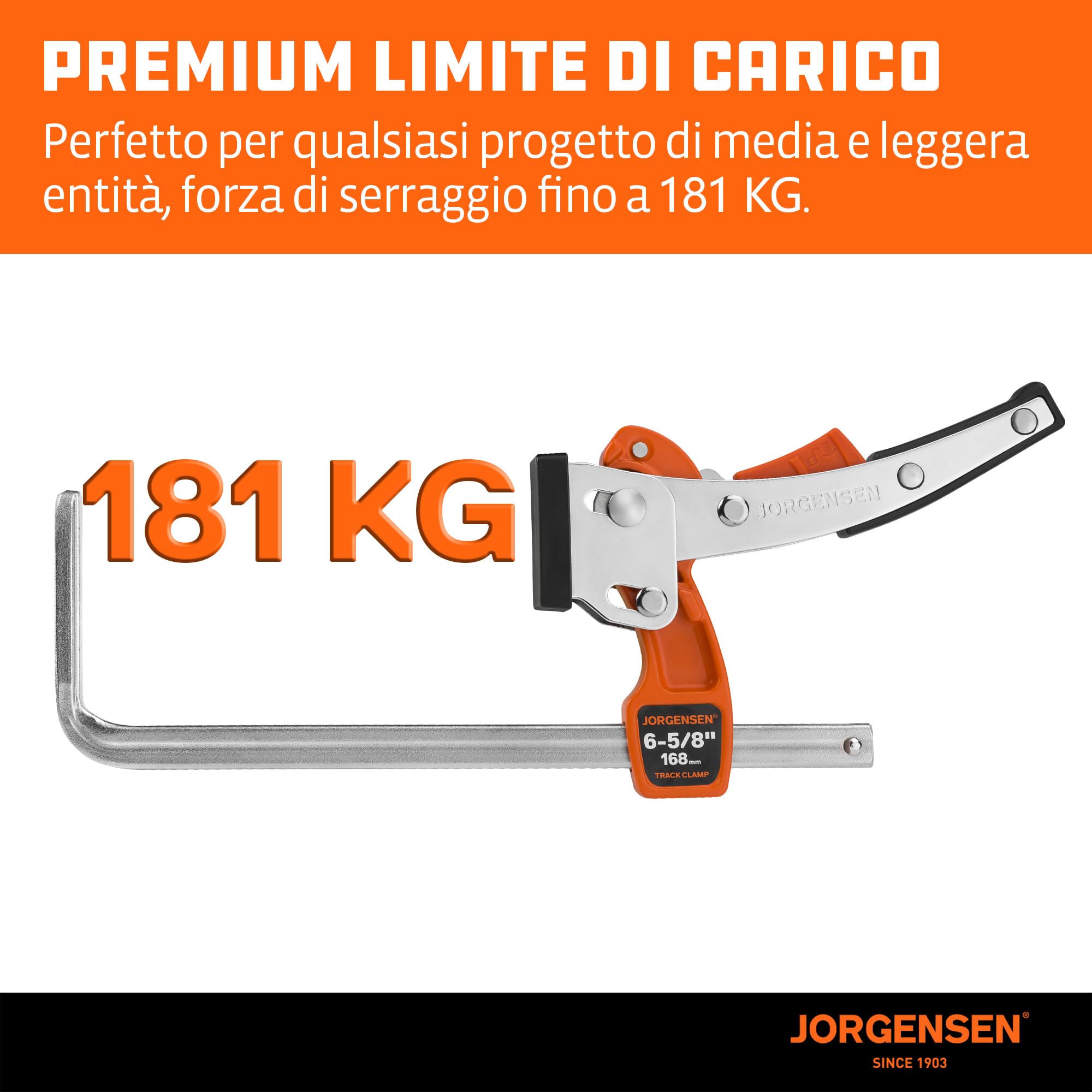JORGENSEN Set da 2 Morsetti da Falegname, Morsetto a Leva Guida per Binari, con Blocco di Sicurezza, Forza di Serraggio fino a 181 kg, Apertura Max 168 mm