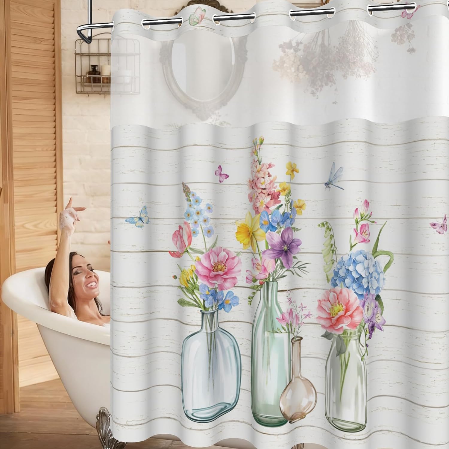Spring Floral Shower Curtains for Bathroom, No Hook Shower Curtain with Snap in Liner and Weighted Bottom Hem, Double-Layer Waterproof Fabric Shower Curtains with Sheer Top Window, 71x74 Inches