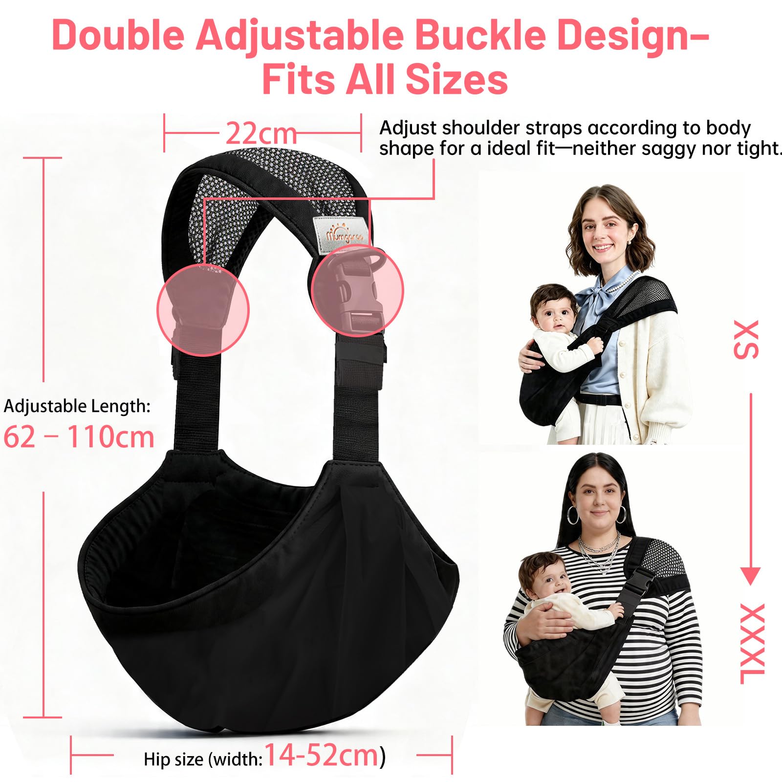 Écharpe de Portage Porte Bébé Coton Naissance 15 kg Respirant 0-36 Mois Noir