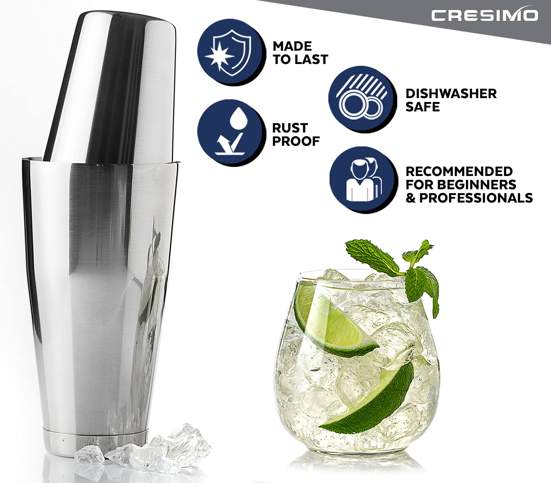 Shaker à cocktail Boston - Ensemble de 2 pièces - Livre de cocktails inclus - Acier inoxydable - Coffret cadeau premium - Cresimo