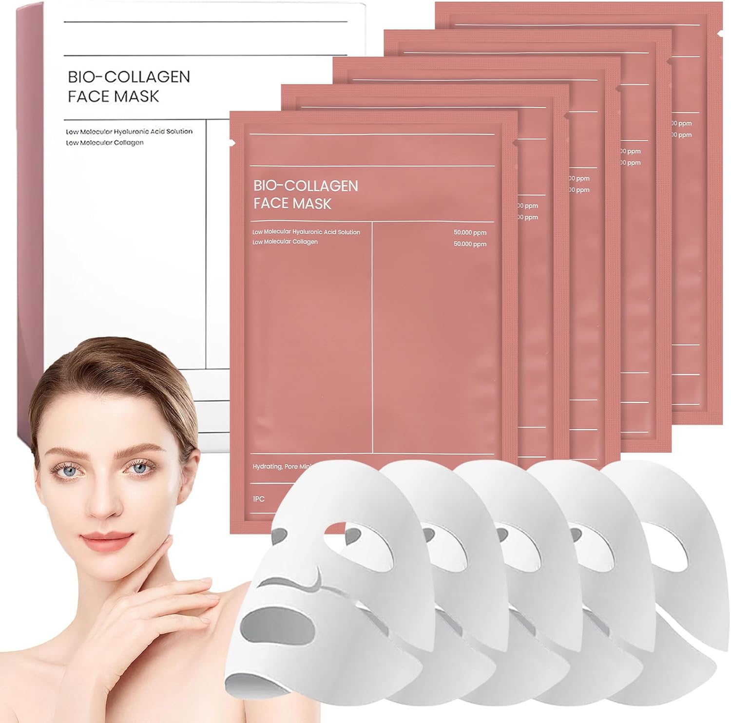 5 Stuks Bio Collagen Mask, Bio-Collagen Real Deep Mask, Bio-Collageen Face Mask Overnight, Collageen Nachtmasker, Korean Mask Diepe Hydratatie and Anti-Aging, Geschikt voor Alle Huidtypes(B)