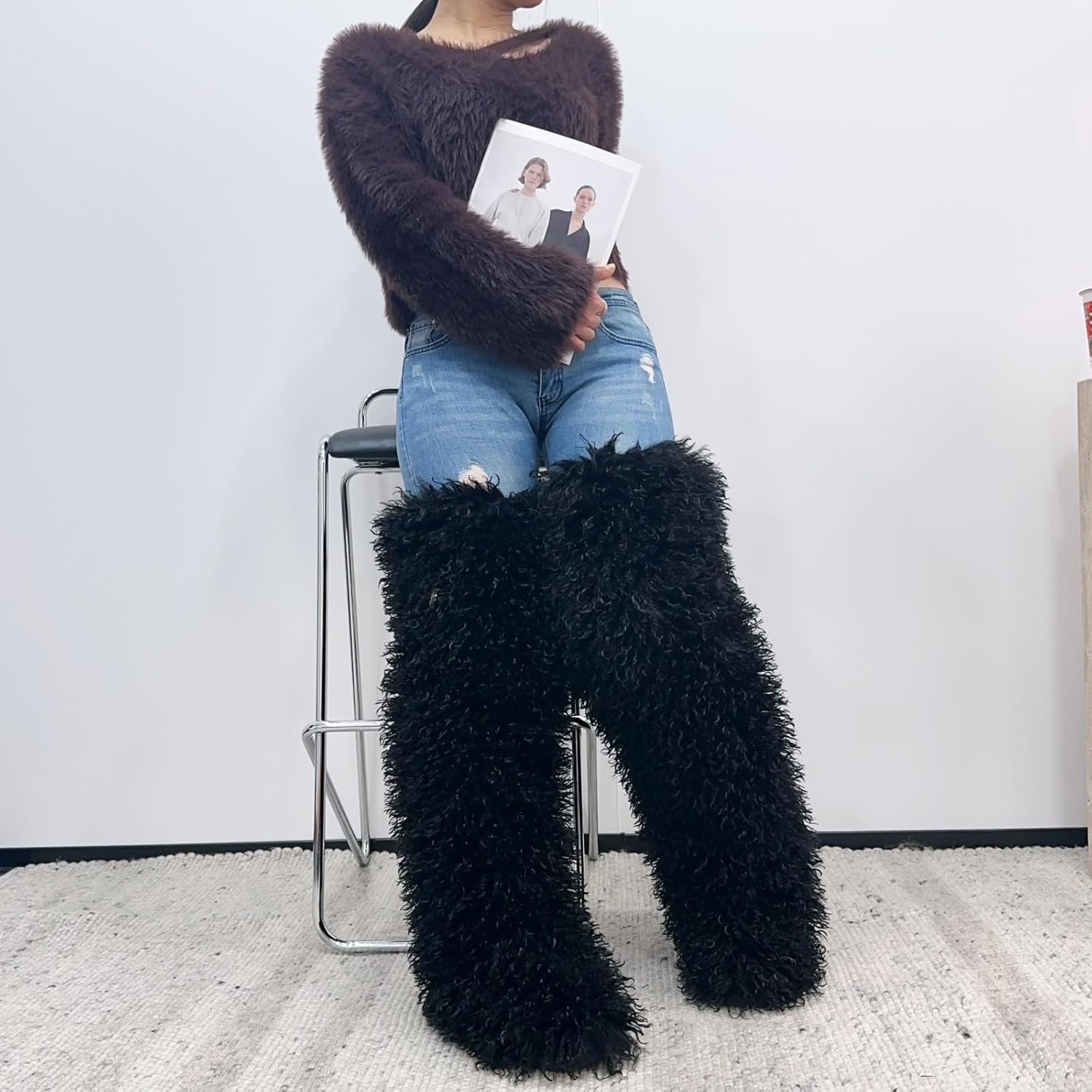 SWEETHEART BEAUTY Thigh High Shagy Teddy Fur Boots, 29 Inch Over the Knee Length Fluffy High Boots, Tall Furry Shoes For Women