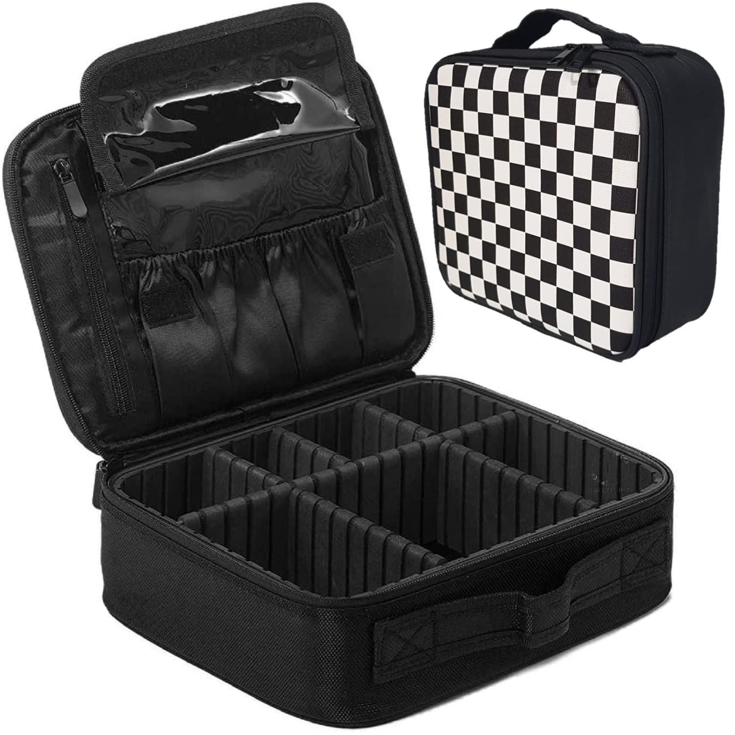 LACOPINE Makeup Organizer Cosmetic Artist Storage Case, Professional Makeup Bag with Adjustable Dividers, Elastic Makeup Brush Slots and Shoulder Strap for Women